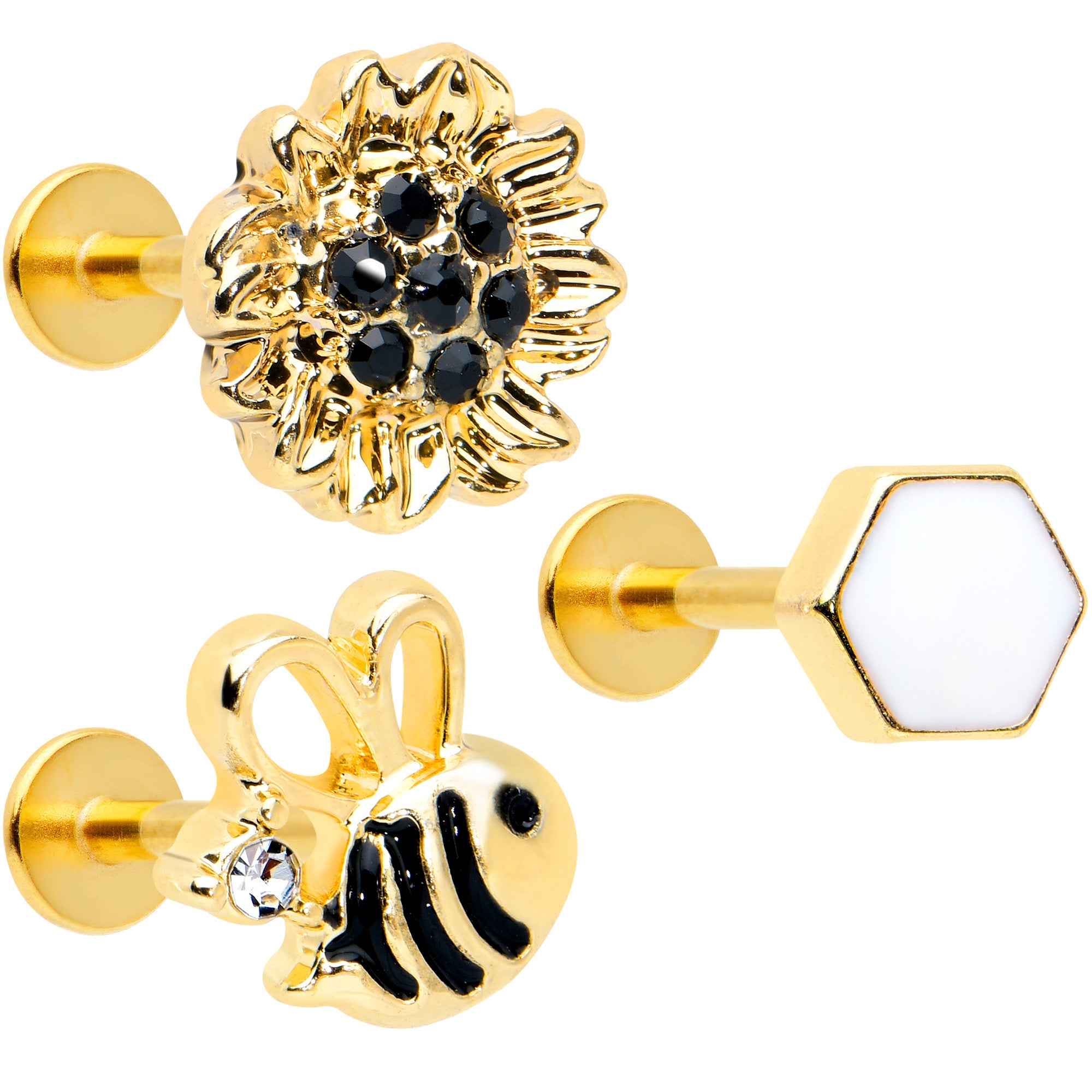 16G 5/16 Black Gem Gold Tone Bee Hive Labret Tragus Curation Set of 3