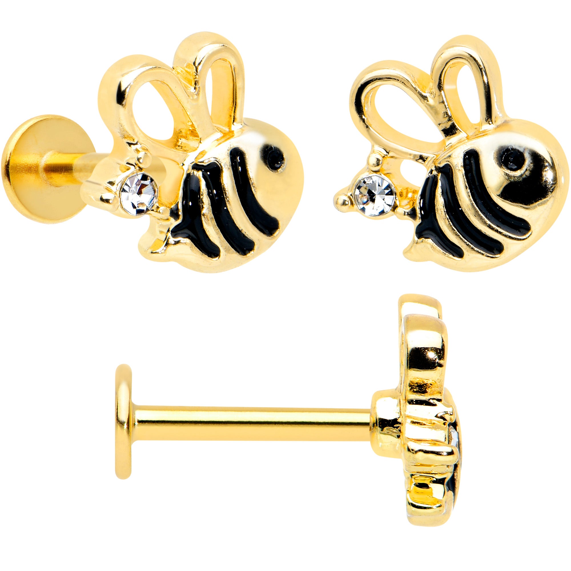 16G 5/16 Black Gem Gold Tone Bee Hive Labret Tragus Curation Set of 3