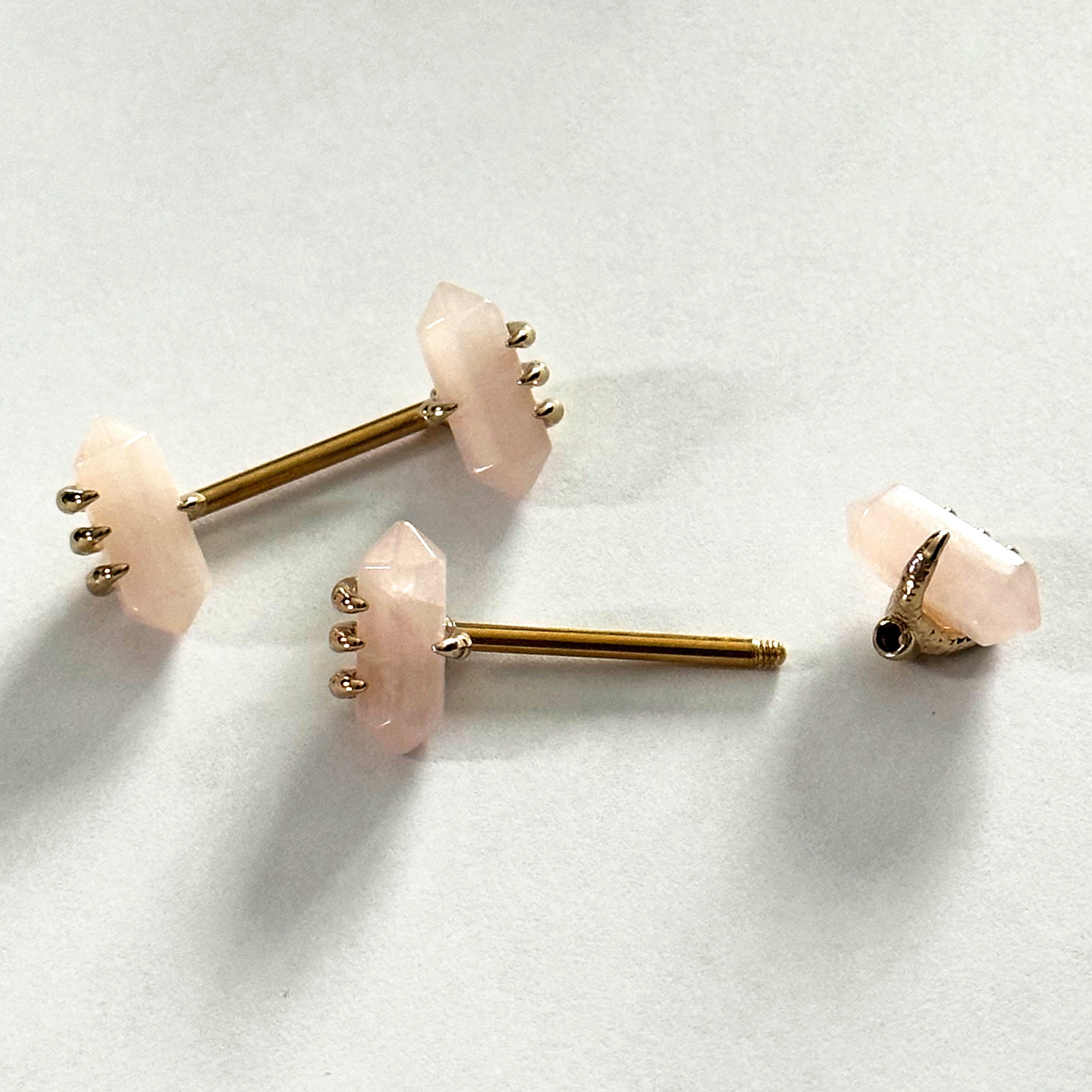 14 Gauge 9/16 Pink Rose Quartz Gold Tone Claw Barbell Nipple Ring Set