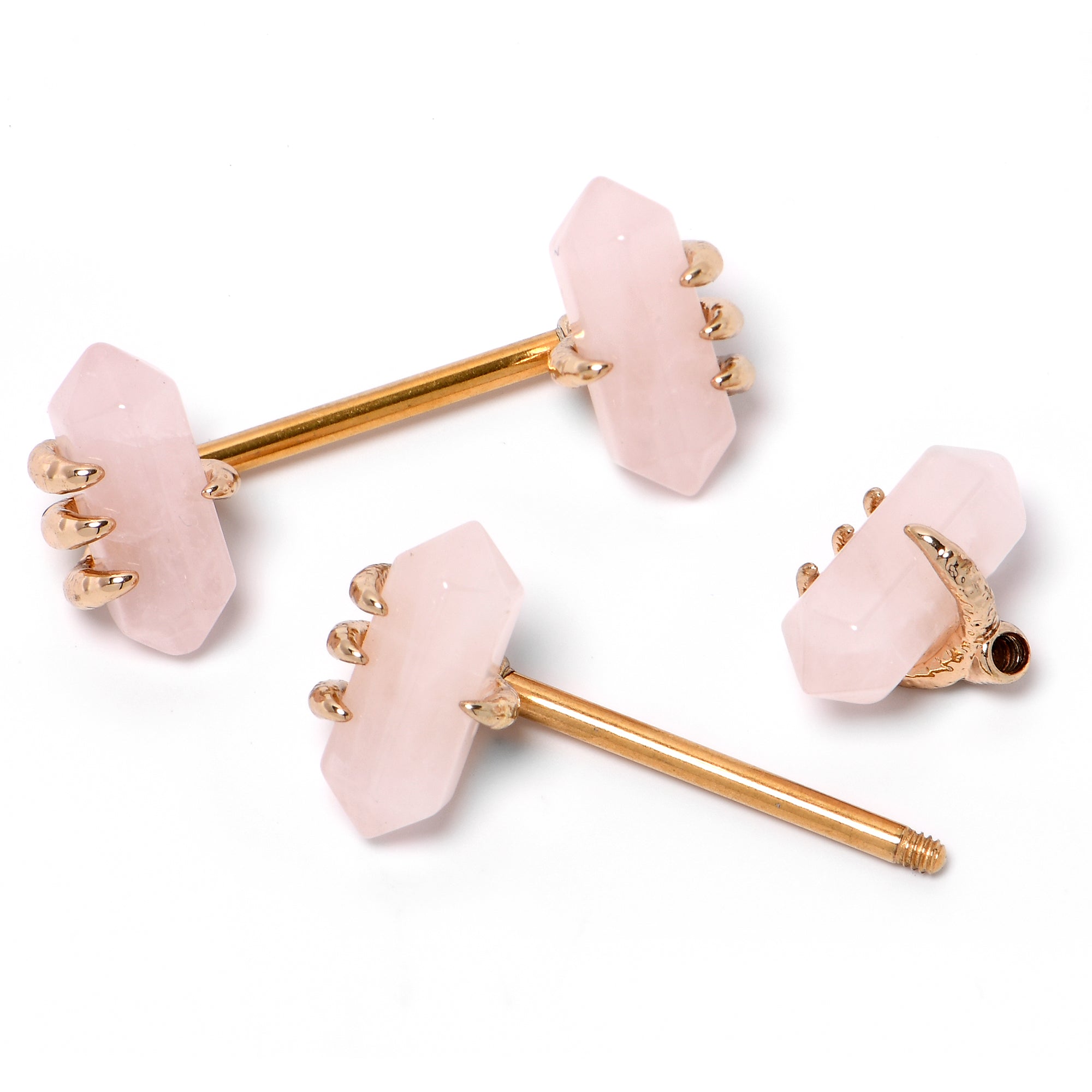 14 Gauge 9/16 Pink Rose Quartz Gold Tone Claw Barbell Nipple Ring Set