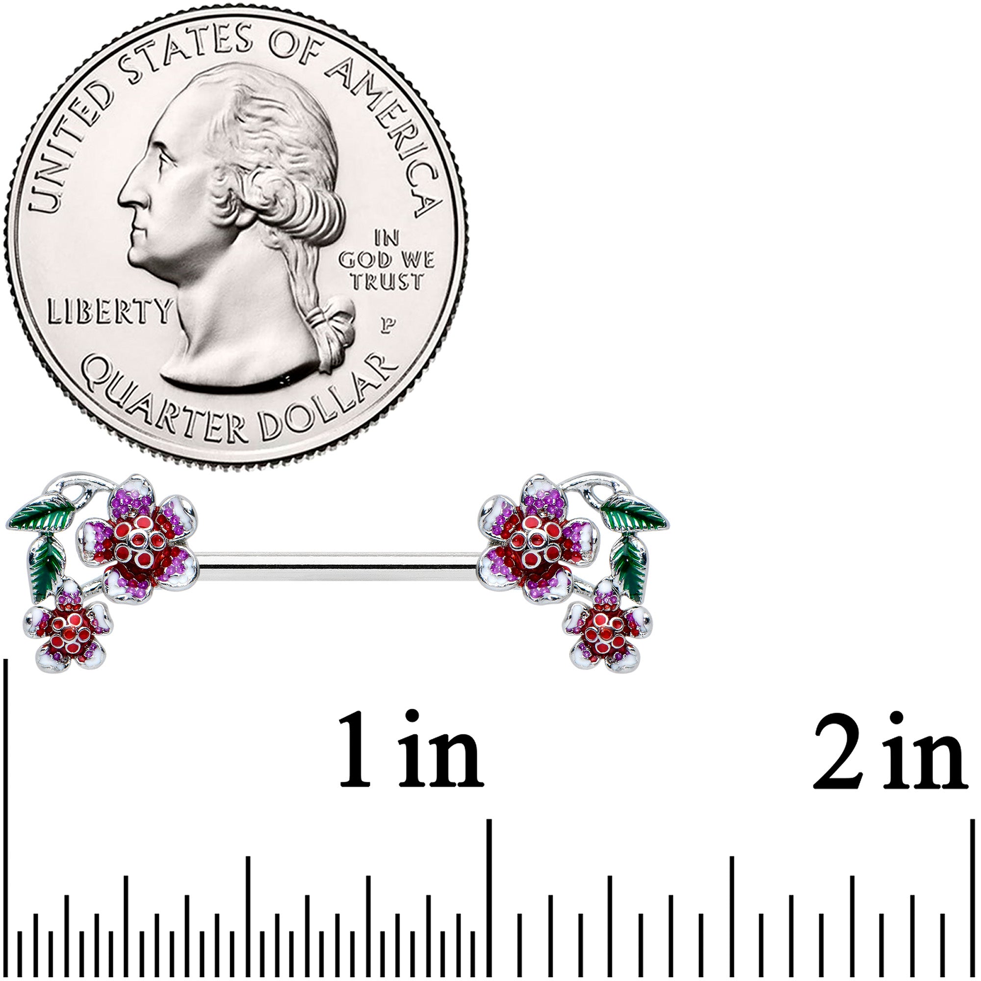 14 Gauge 9/16 Purple Red Flower in Flower Barbell Nipple Ring Set