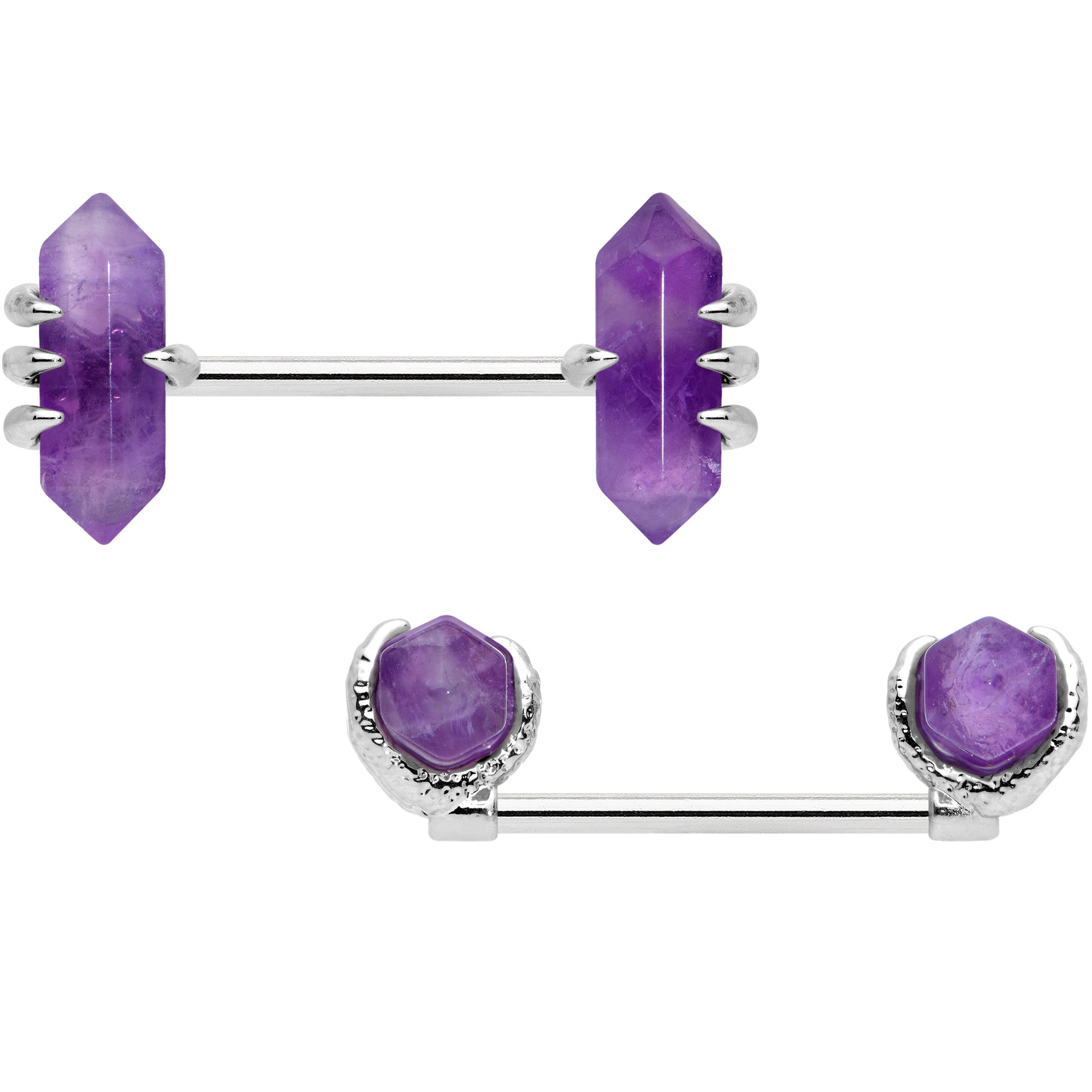 14 Gauge 9/16 Purple Amethyst Stone Obelisks Barbell Nipple Ring Set