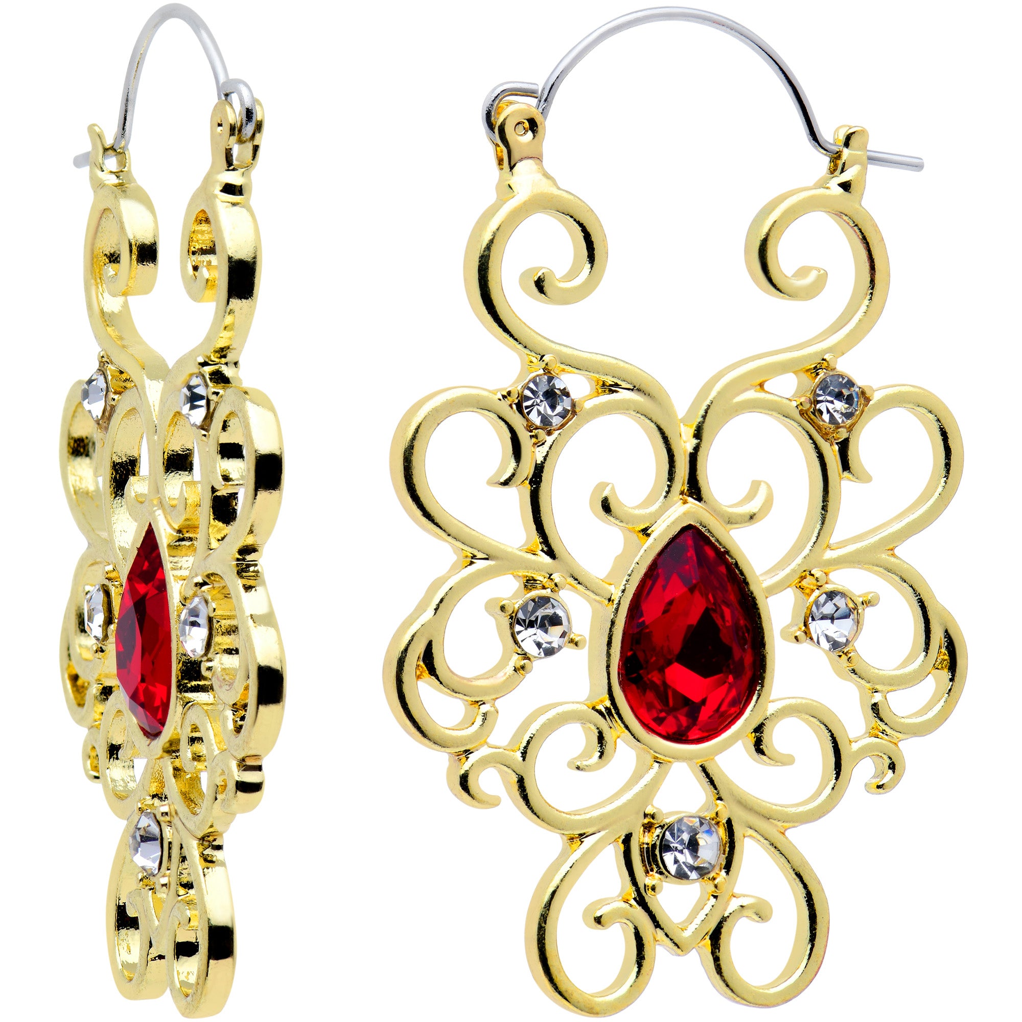 Clear Red Gem Gold Tone Swirling Style Tunnel Plug Earrings