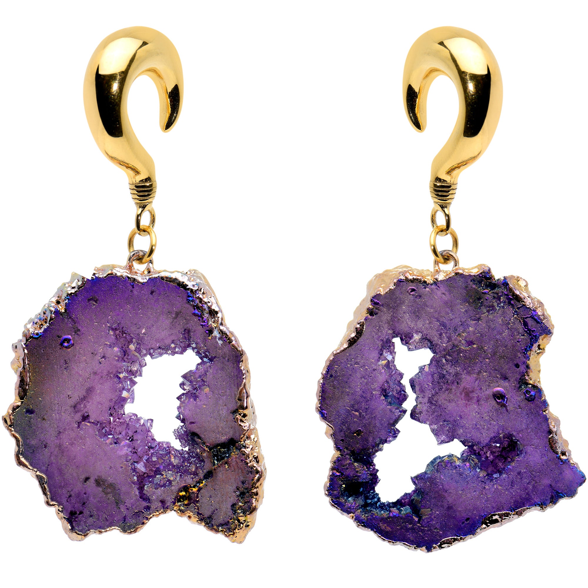 2G Gold Tone Purple Druzy Stone Curved Taper Ear Weights