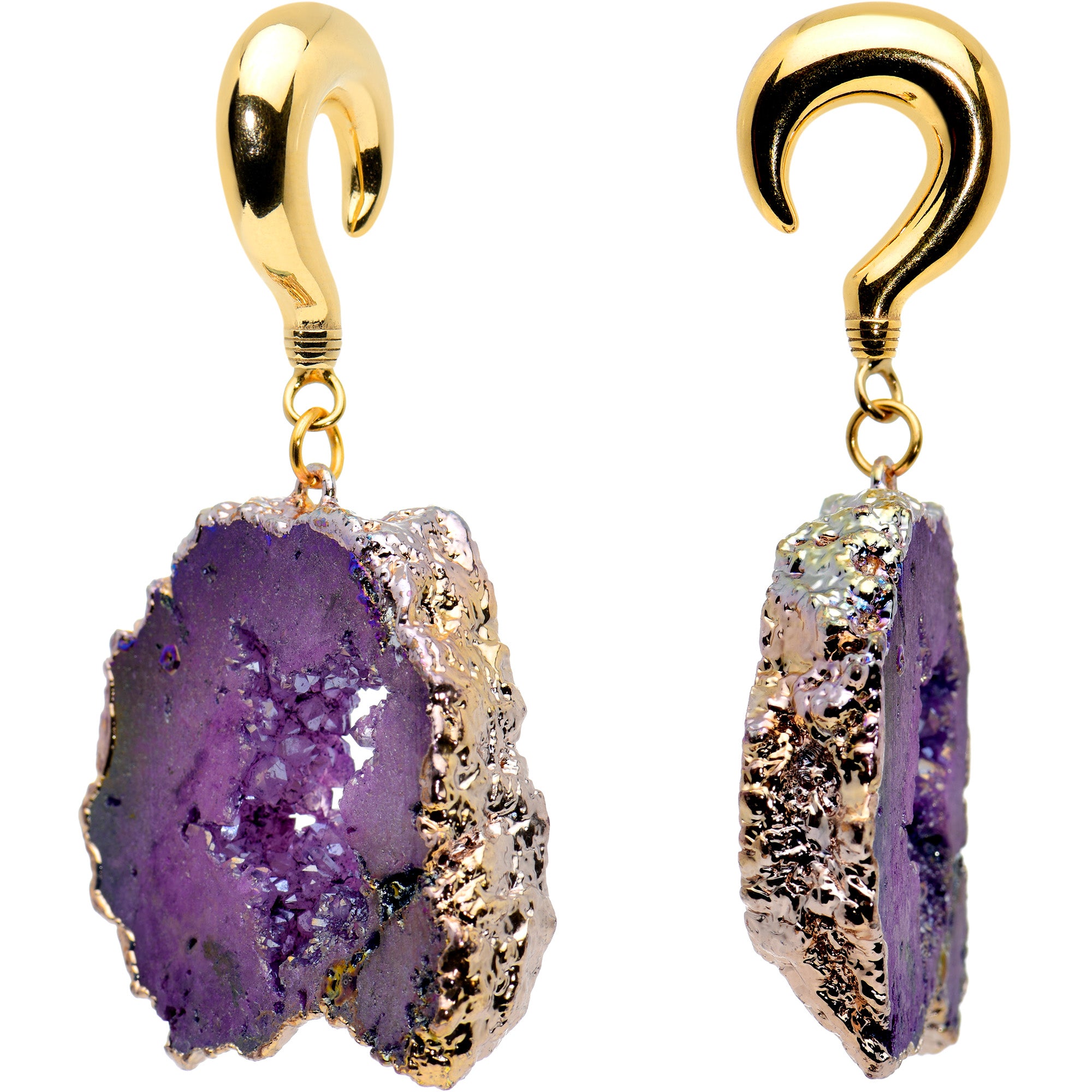 2G Gold Tone Purple Druzy Stone Curved Taper Ear Weights