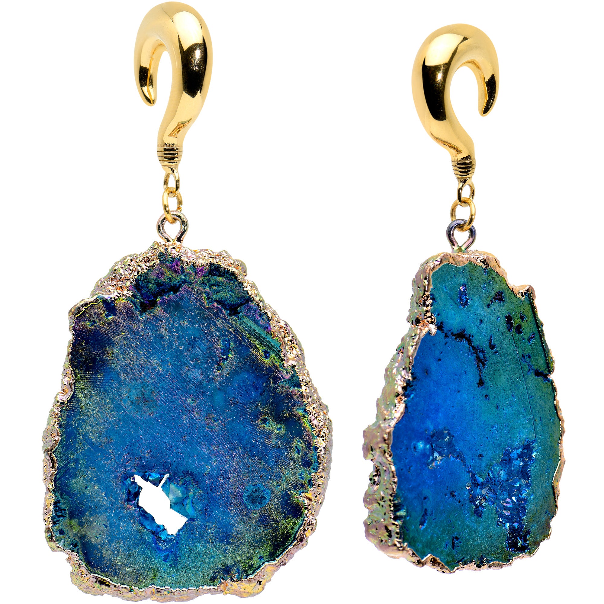 2 Gauge Gold Tone Blue Druzy Stone Curved Taper Ear Weights