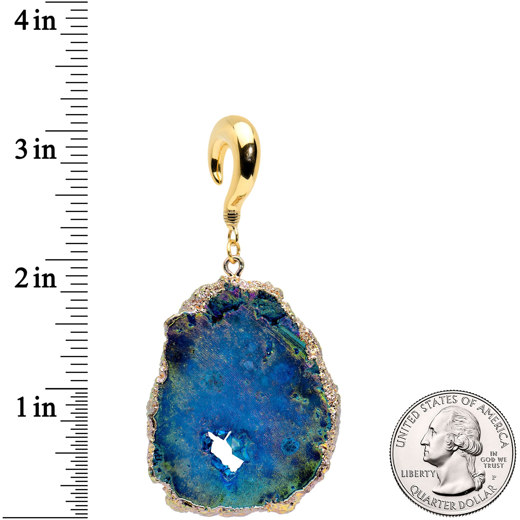 2 Gauge Gold Tone Blue Druzy Stone Curved Taper Ear Weights