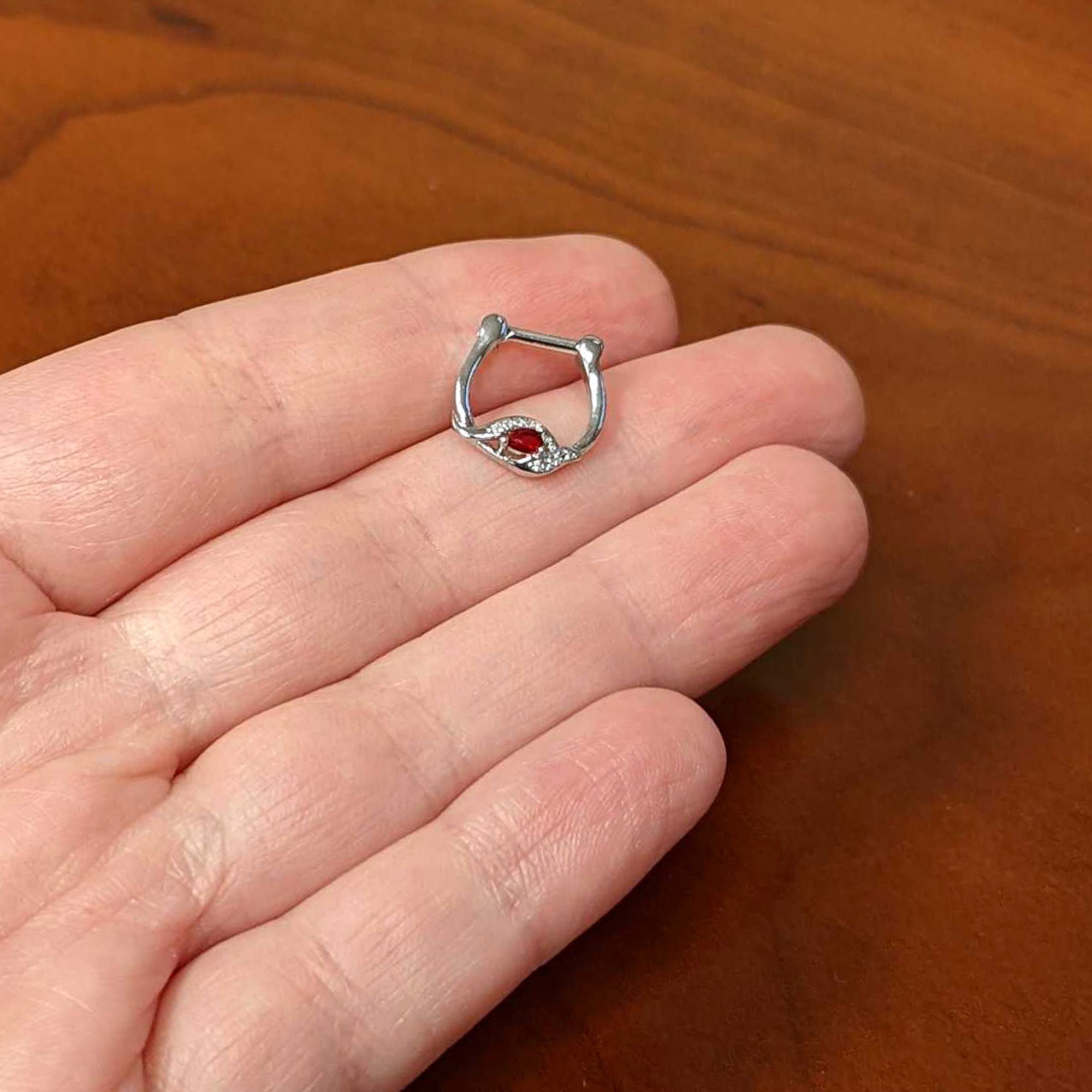 16G 1/4 Clear Red Gem Swirling Oval Cartilage Clicker