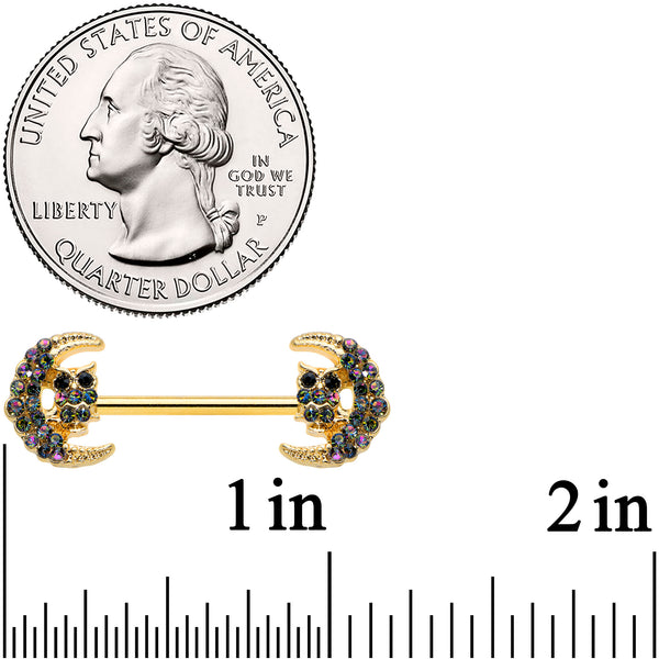 14 Gauge 5/8 Aurora Gem Gold Tone Owl Moon Barbell Nipple Ring Set
