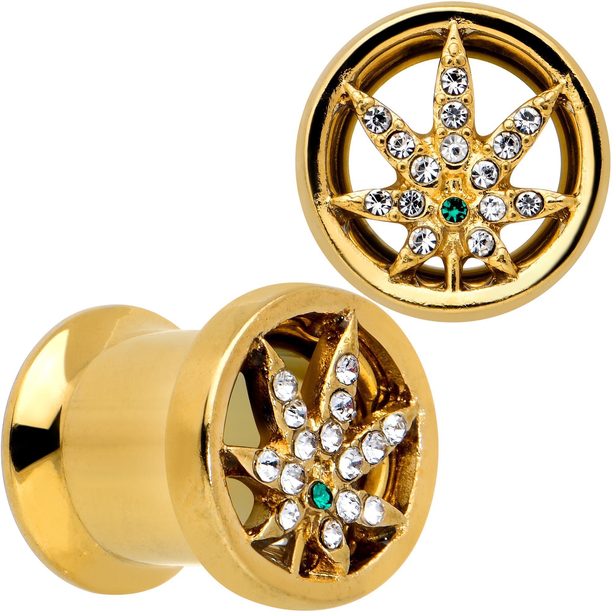 Green Gem Gold Tone Pot Leaf Double Flare Tunnel Plug Set