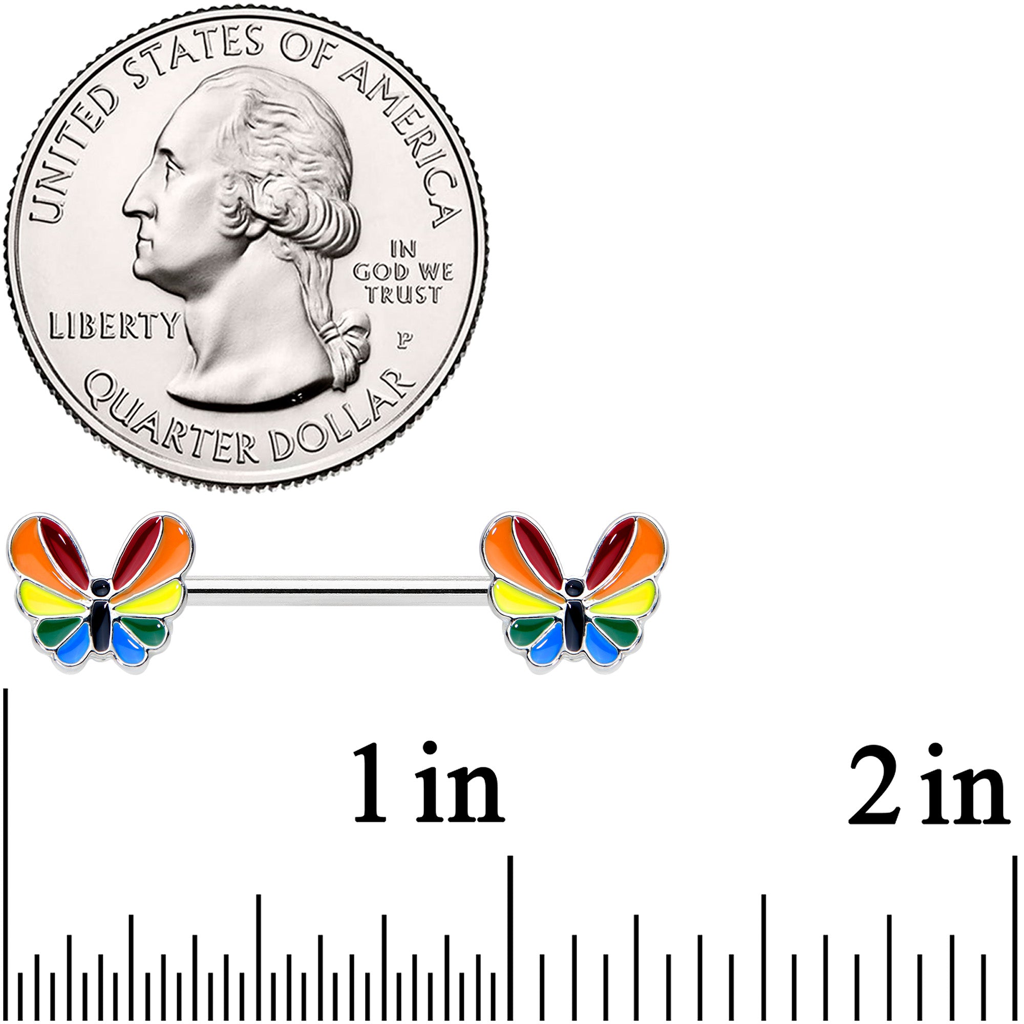 14 Gauge 9/16 Pride Rainbow Stripe Butterfly Barbell Nipple Ring Set
