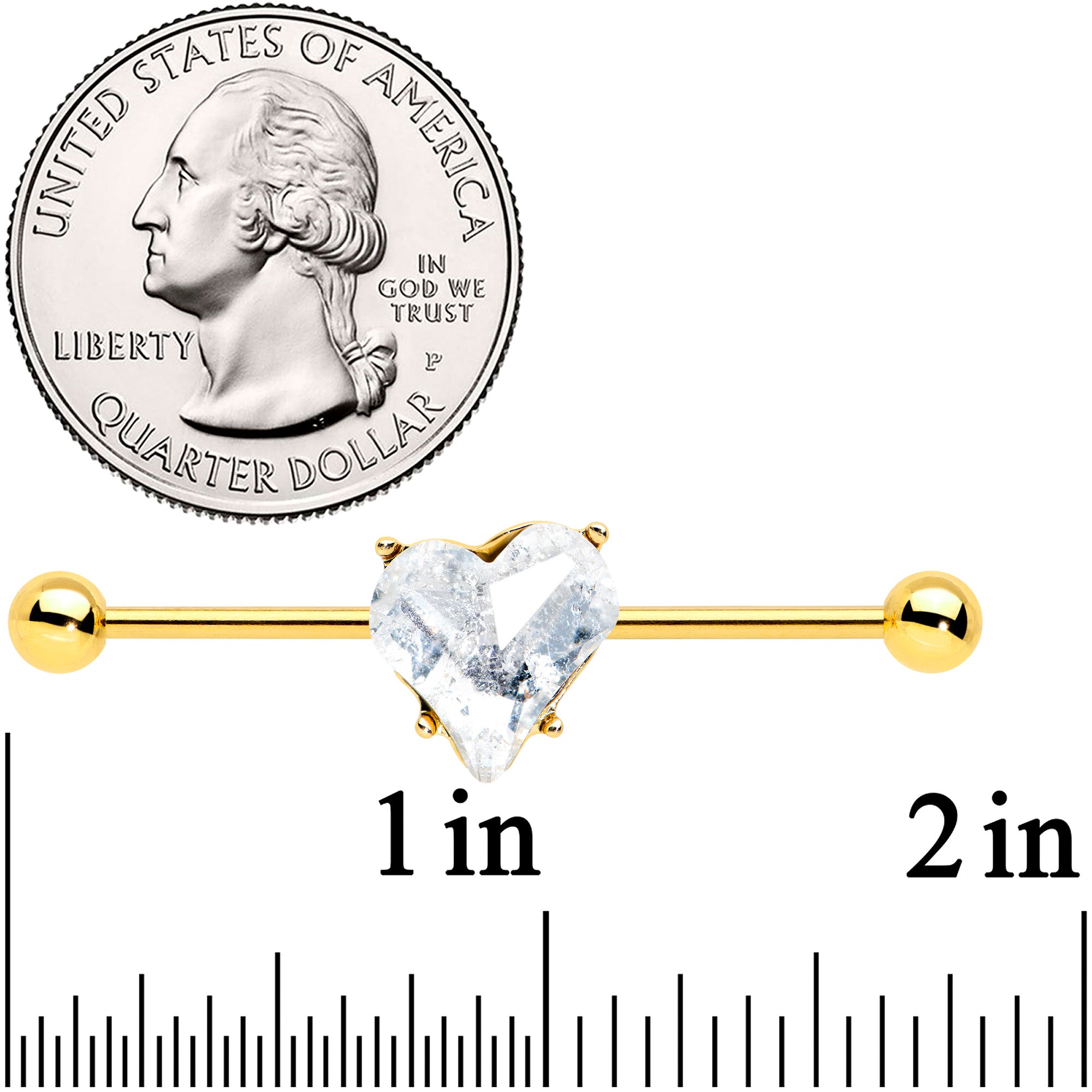 14 Gauge Clear Gem Gold Tone Heart Valentine Industrial Barbell 38mm