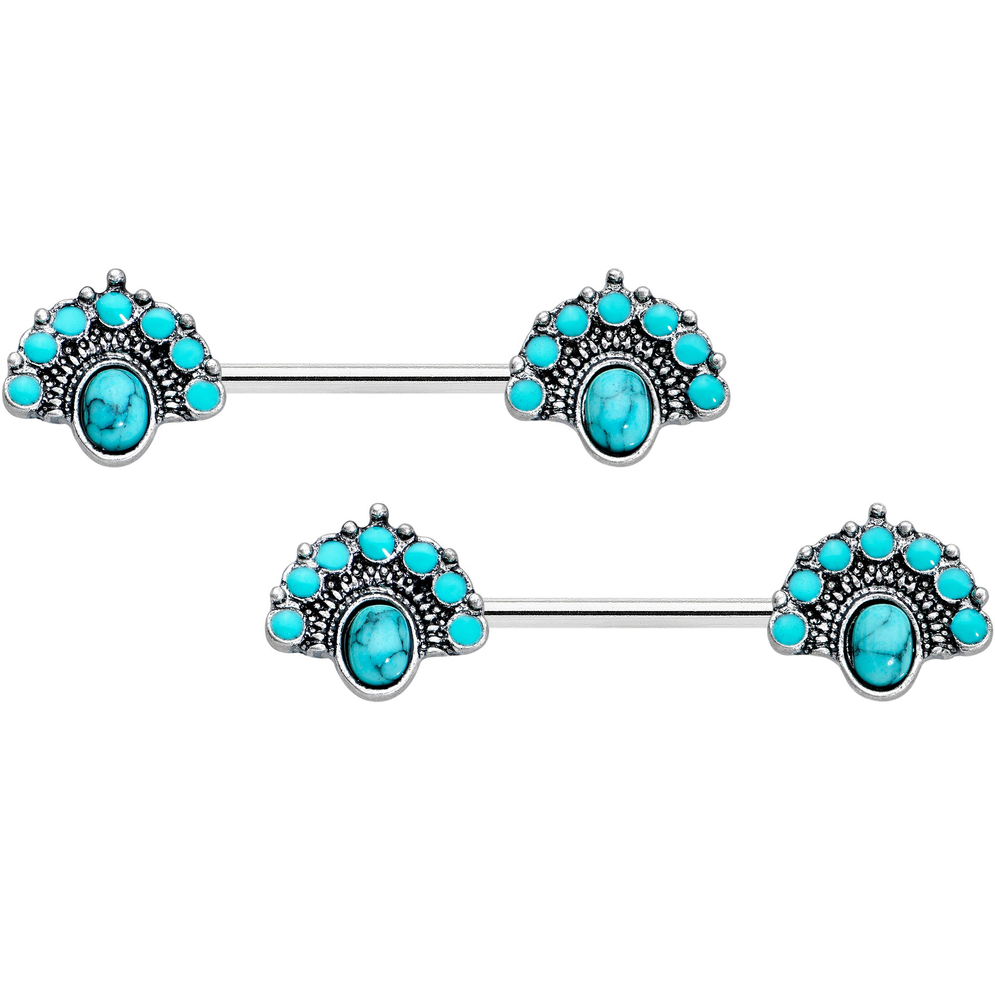 14G 9/16 Blue Turquoise Southwest Shield Barbell Nipple Ring Set