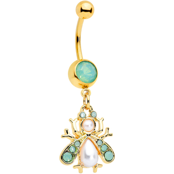 Green White Pearlescent Gem Gold Tone Snow Bug Dangle Belly Ring