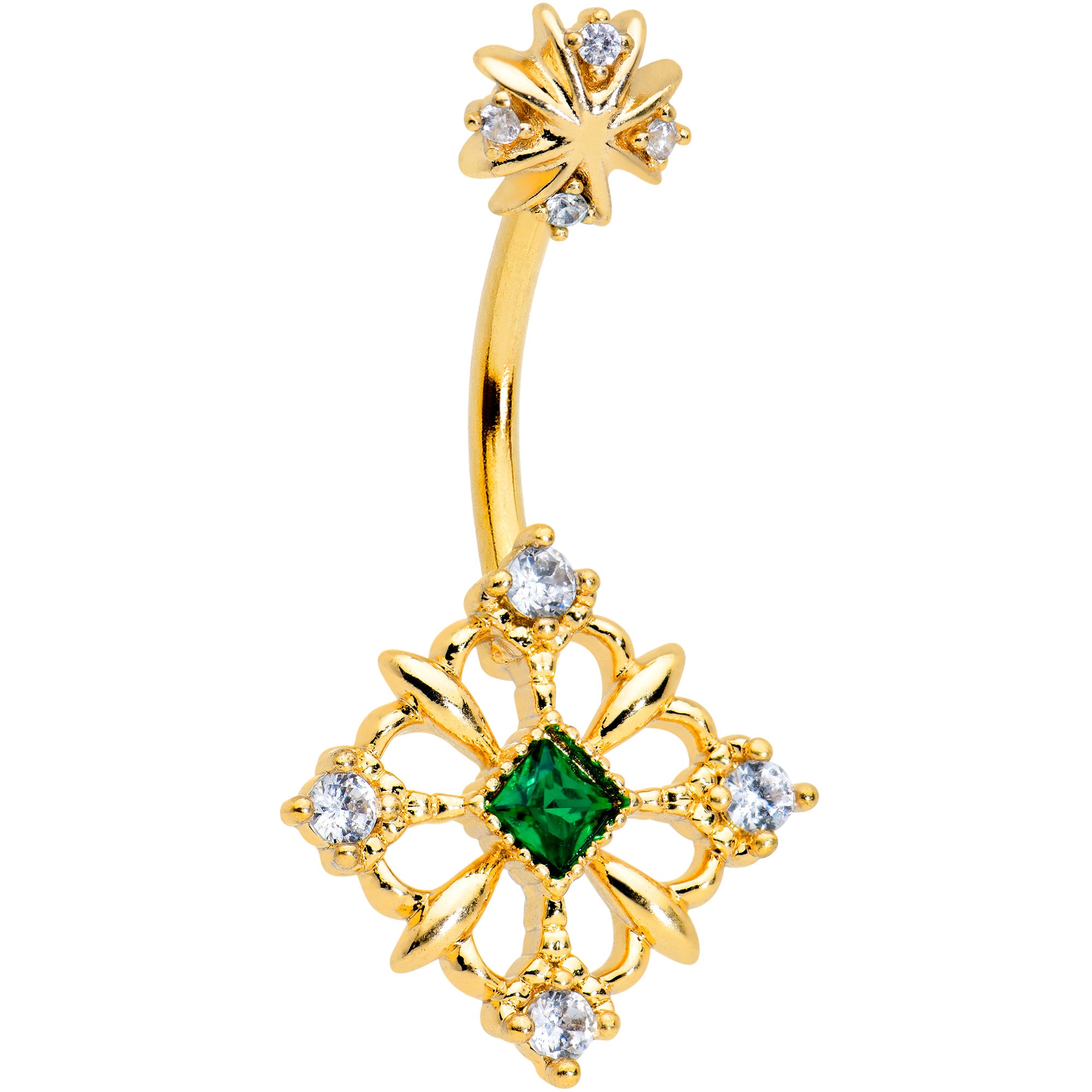 Clear Green Gem Gold Tone Noble Square Double Mount Belly Ring