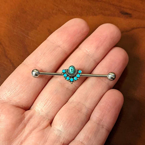 14 Gauge Blue Turquoise Stone Southwest Shield Industrial Barbell 38mm