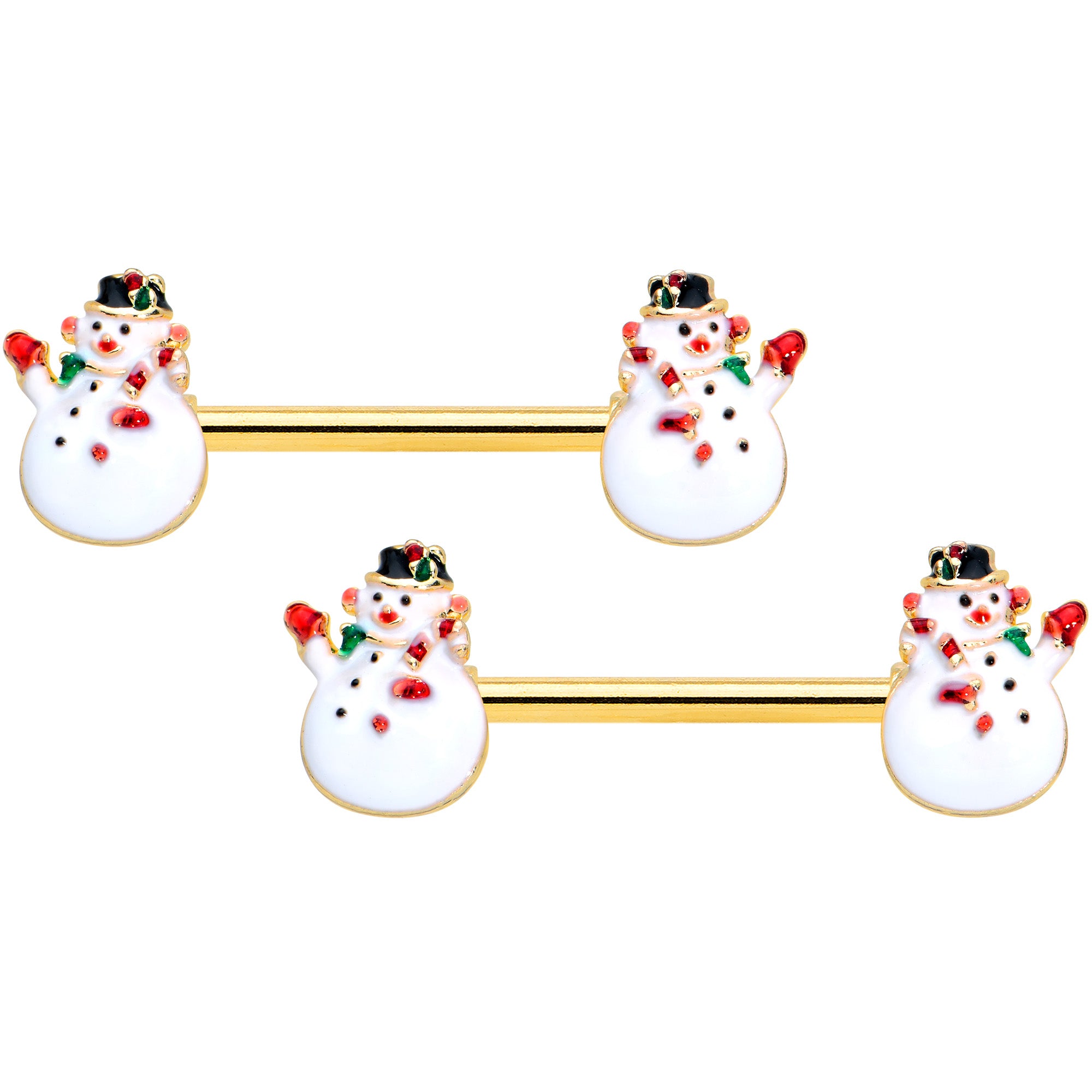 14G 9/16 Gold Tone Winter Snowman Christmas Nipple Ring Set