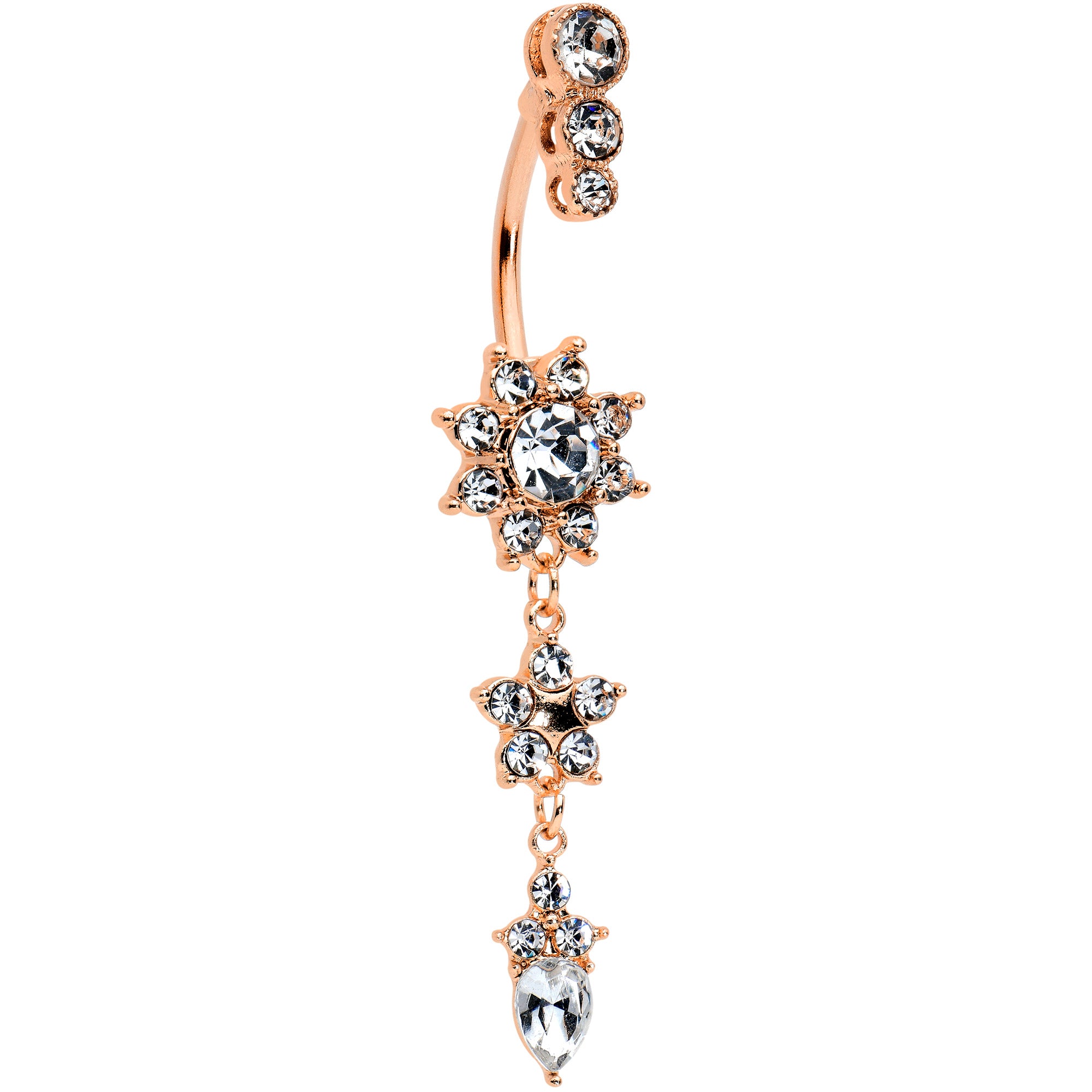 Clear Gem Rose Gold Tone Trio Top Double Flower Drop Dangle Belly Ring