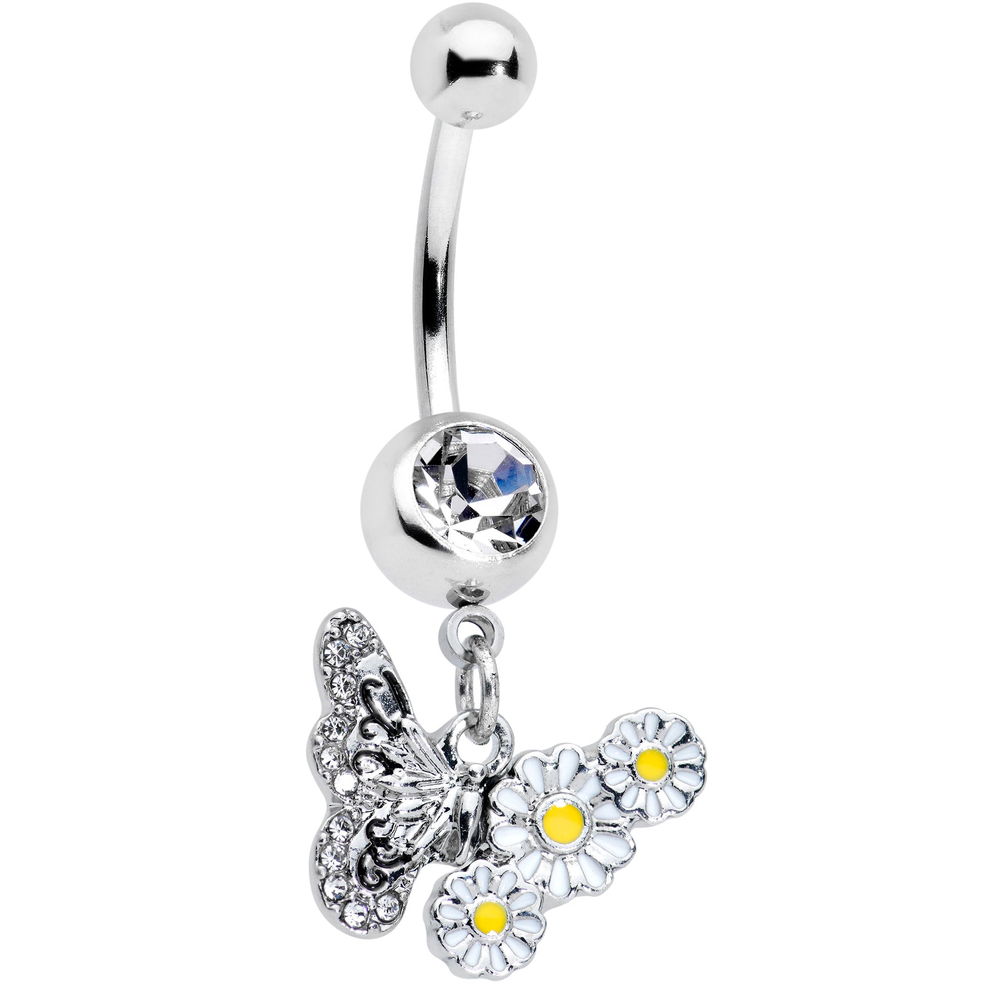 Clear Gem Butterfly Daisy Flowers Dangle Belly Ring