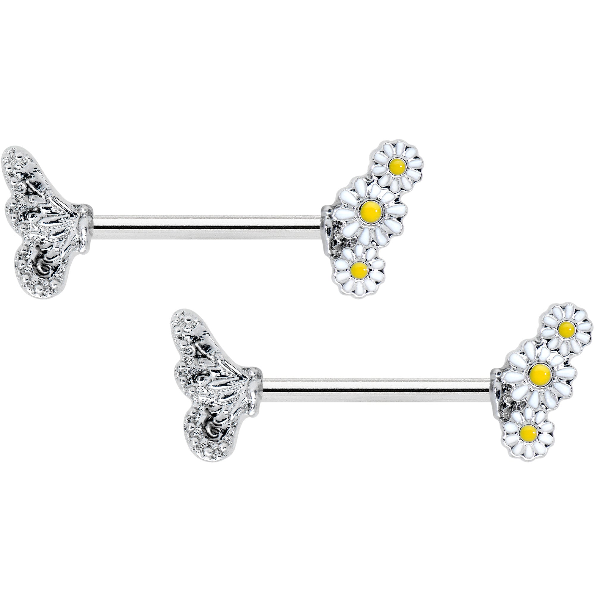 14G 9/16 Clear Gem Butterfly Daisy Flower Barbell Nipple Ring Set