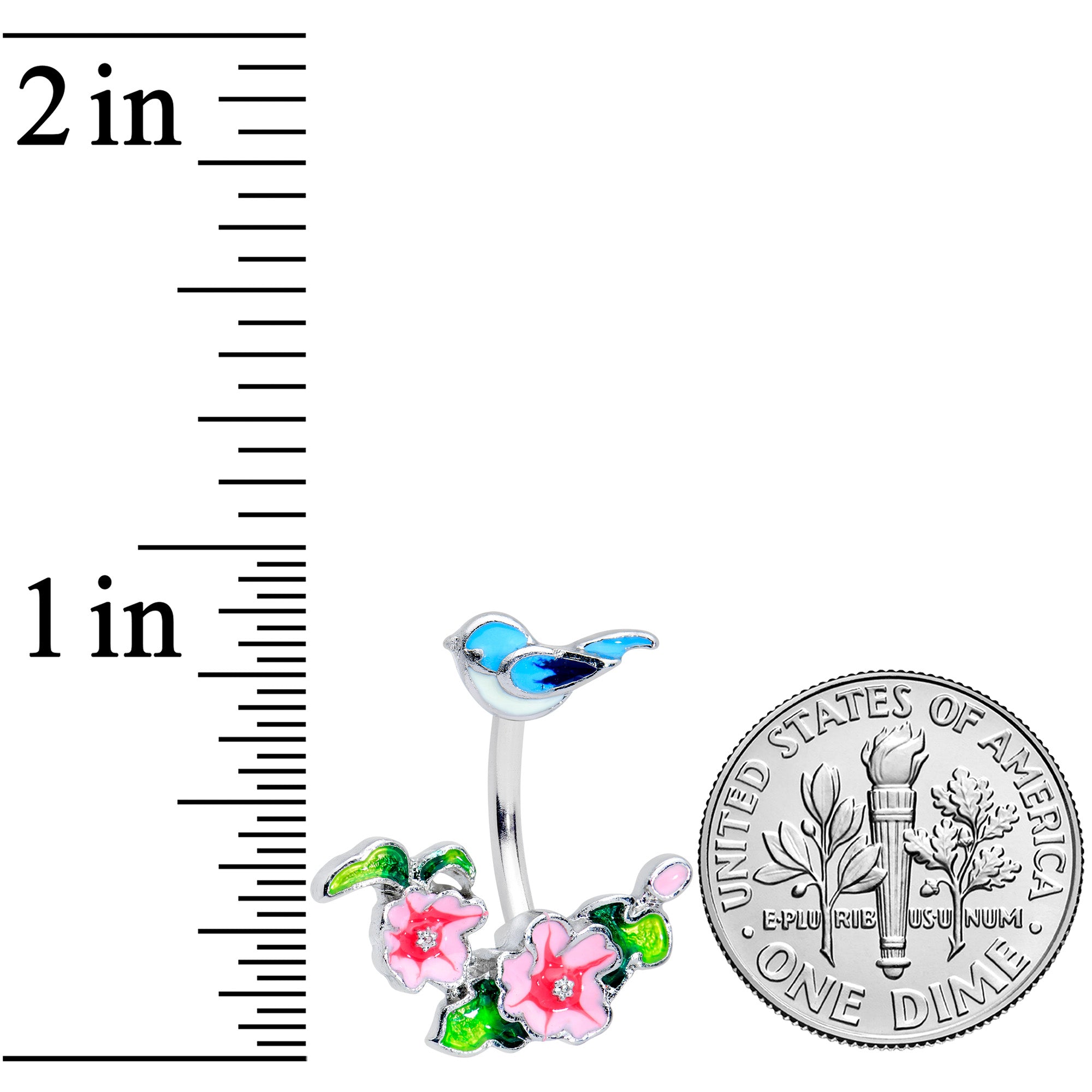 Clear Gem Blue Bird Pink Flowers Double Mount Belly Ring