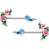 14 Gauge 9/16 Happy Blue Bird Pink Flowers Barbell Nipple Ring Set