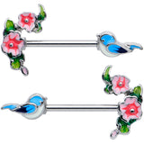 14 Gauge 9/16 Happy Blue Bird Pink Flowers Barbell Nipple Ring Set