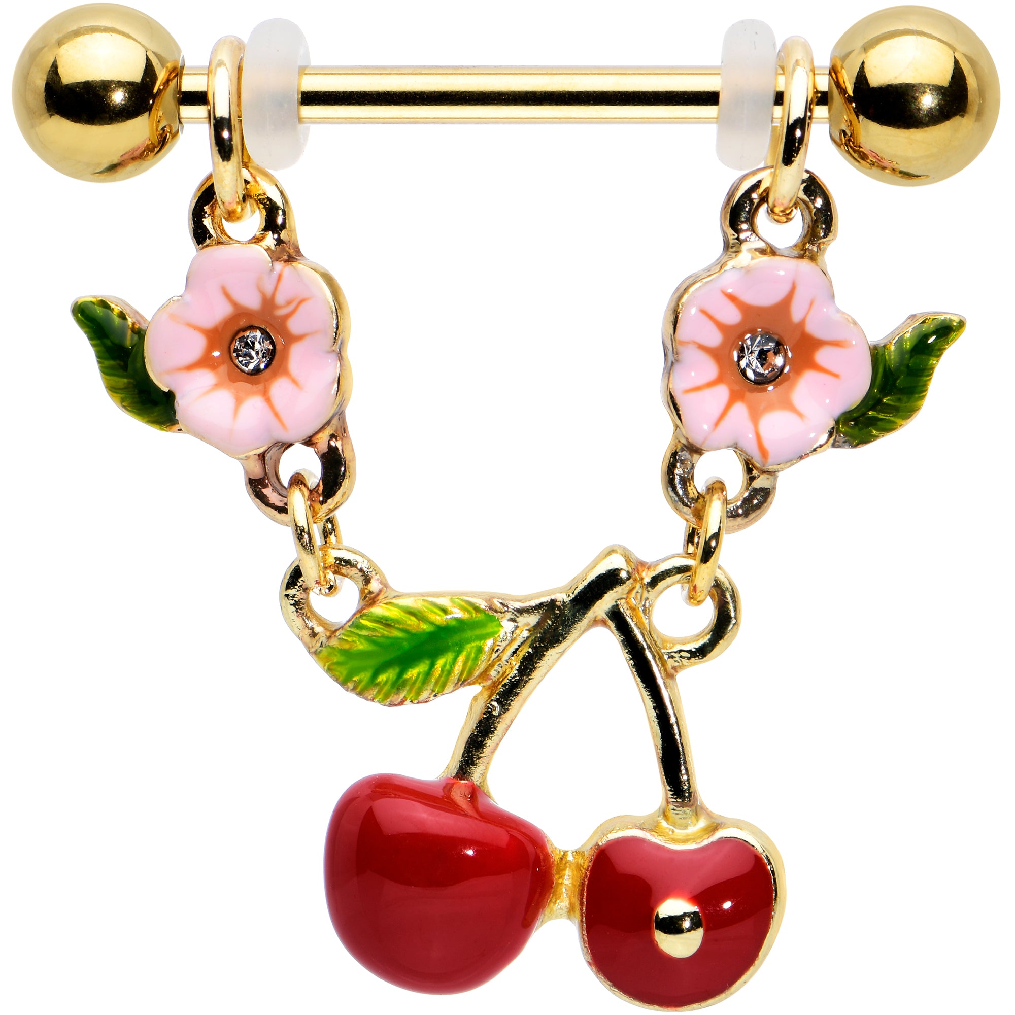 14 Gauge 9/16 Clear Gem Gold Tone Cherry Fruit Dangle Nipple Ring Set
