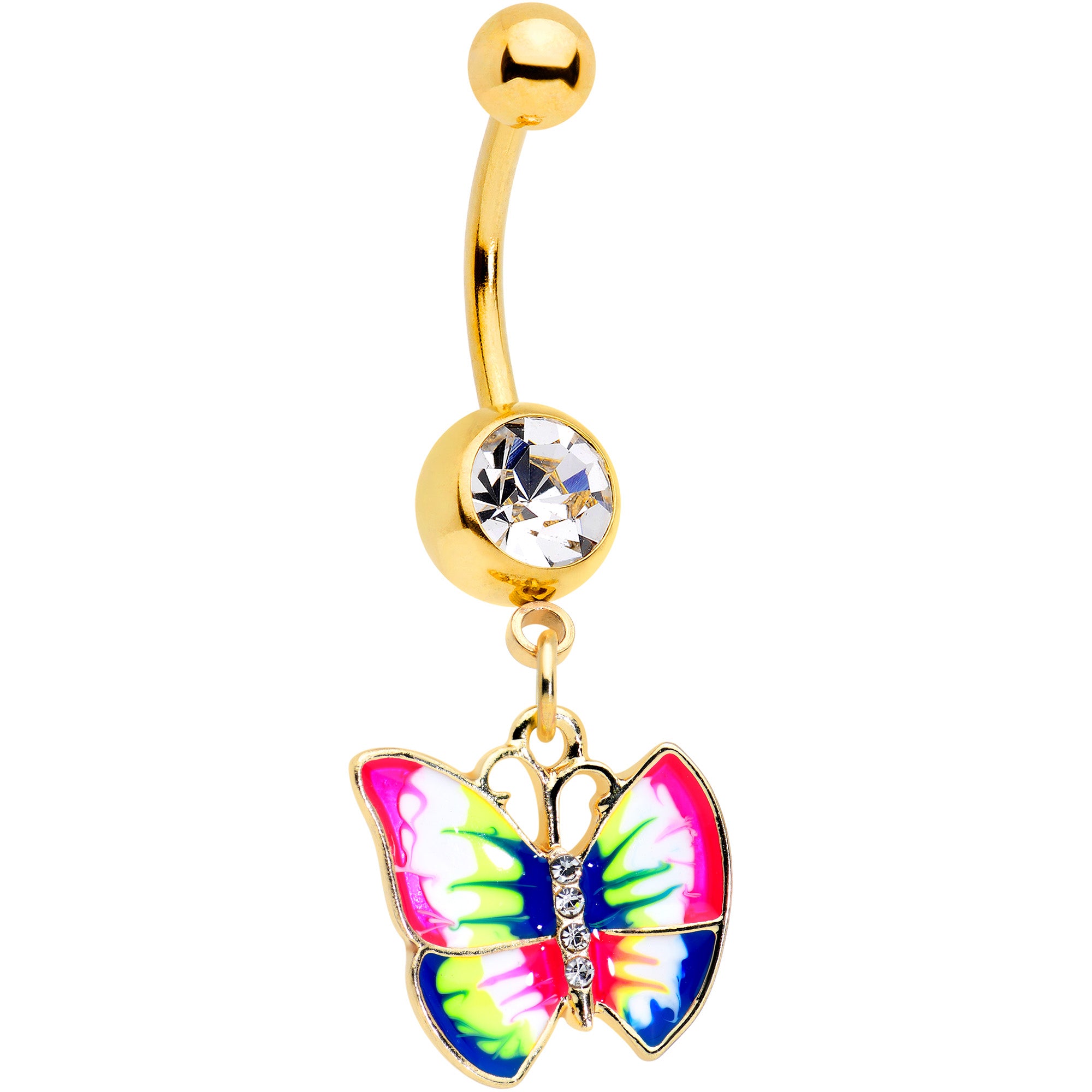 Clear Gem Gold Tone Bright Rainbow Butterfly Dangle Belly Ring