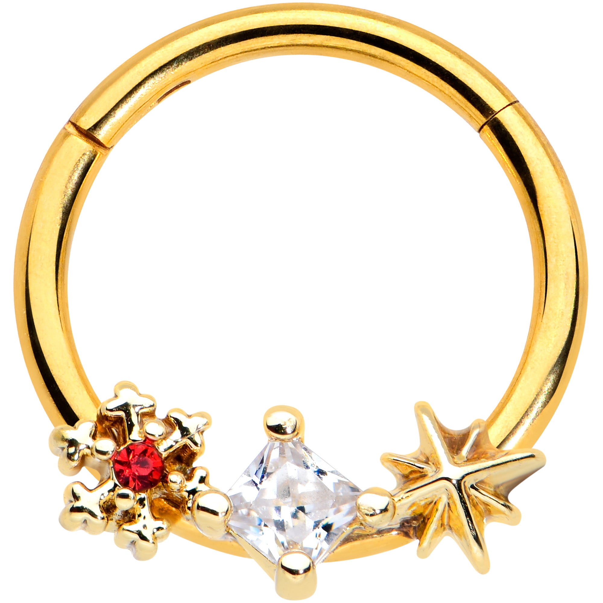 16G 3/8 Clear Red Gem Gold Hue Star Snowflake Hinged Segment Ring