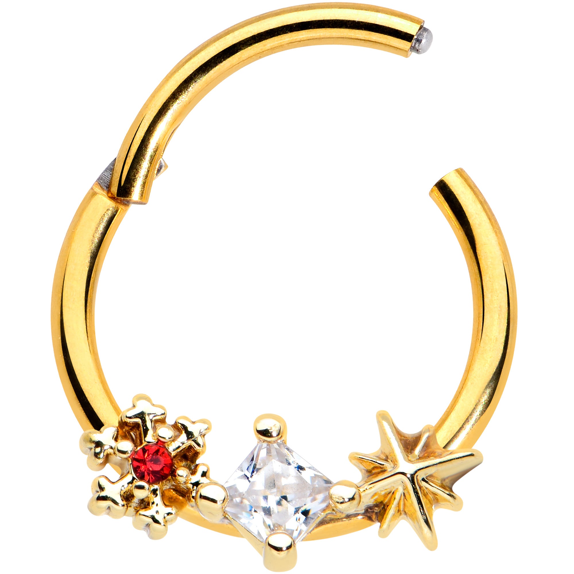 16G 3/8 Clear Red Gem Gold Hue Star Snowflake Hinged Segment Ring
