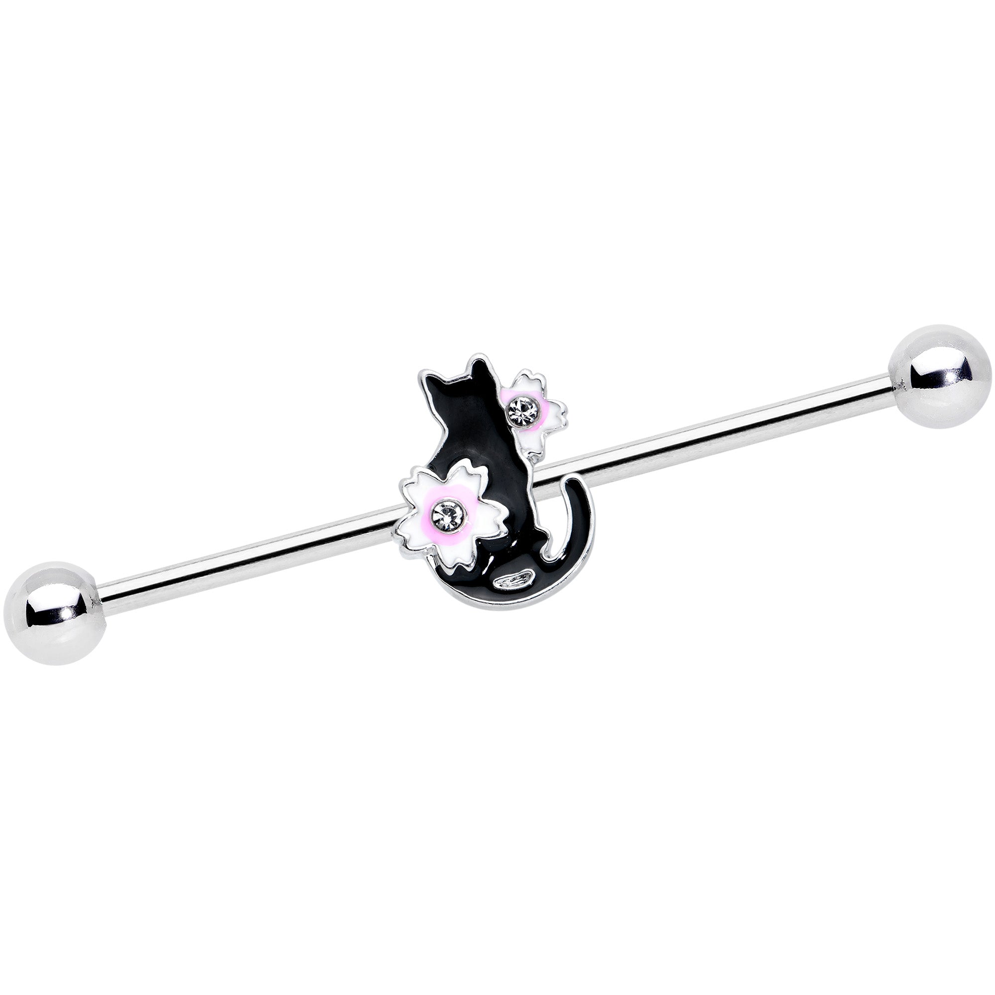 14 Gauge Pink Gem Black Cat White Flower Industrial Barbell 38mm