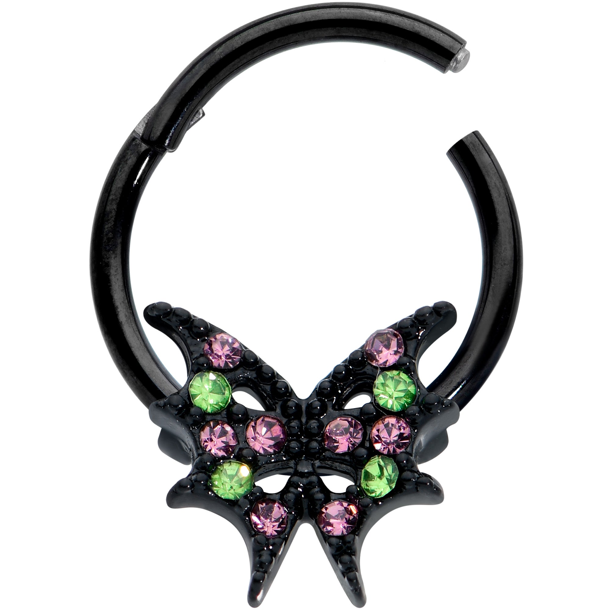 16G 3/8 Pink Green Gem Bat Wings Halloween Hinged Segment Ring