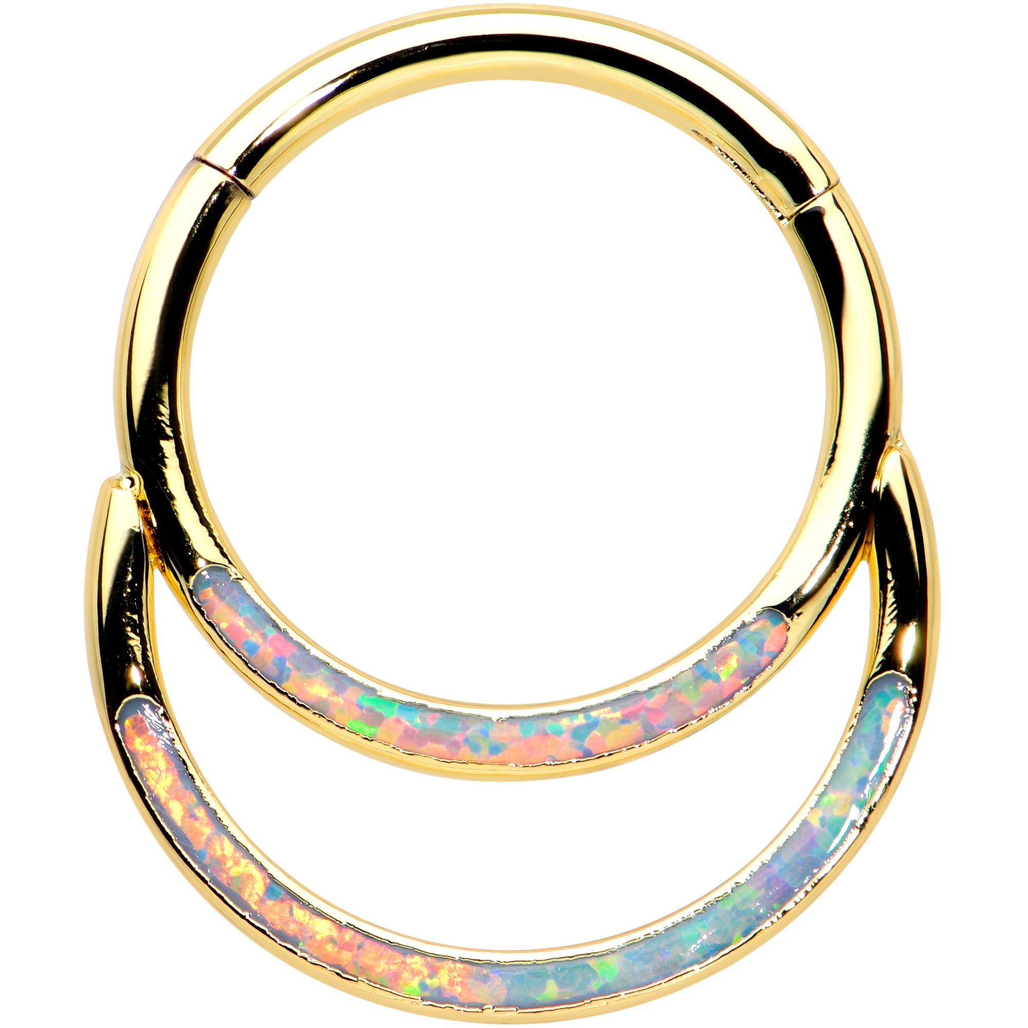 16 Gauge 3/8 White Synth Opal Gold Tone Double Row Hinged Segment Ring