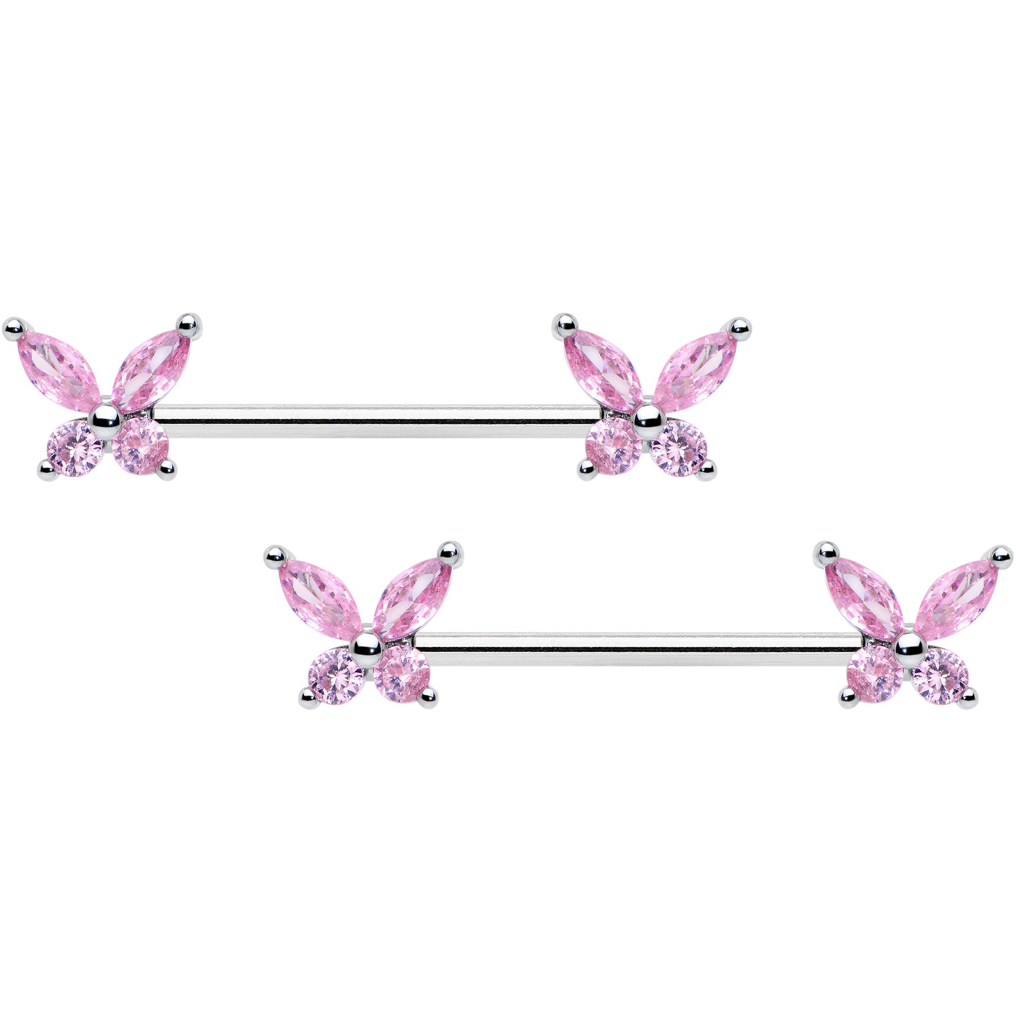 14G 3/4 Pink CZ Gem Butterflies Barbell Nipple Ring Set
