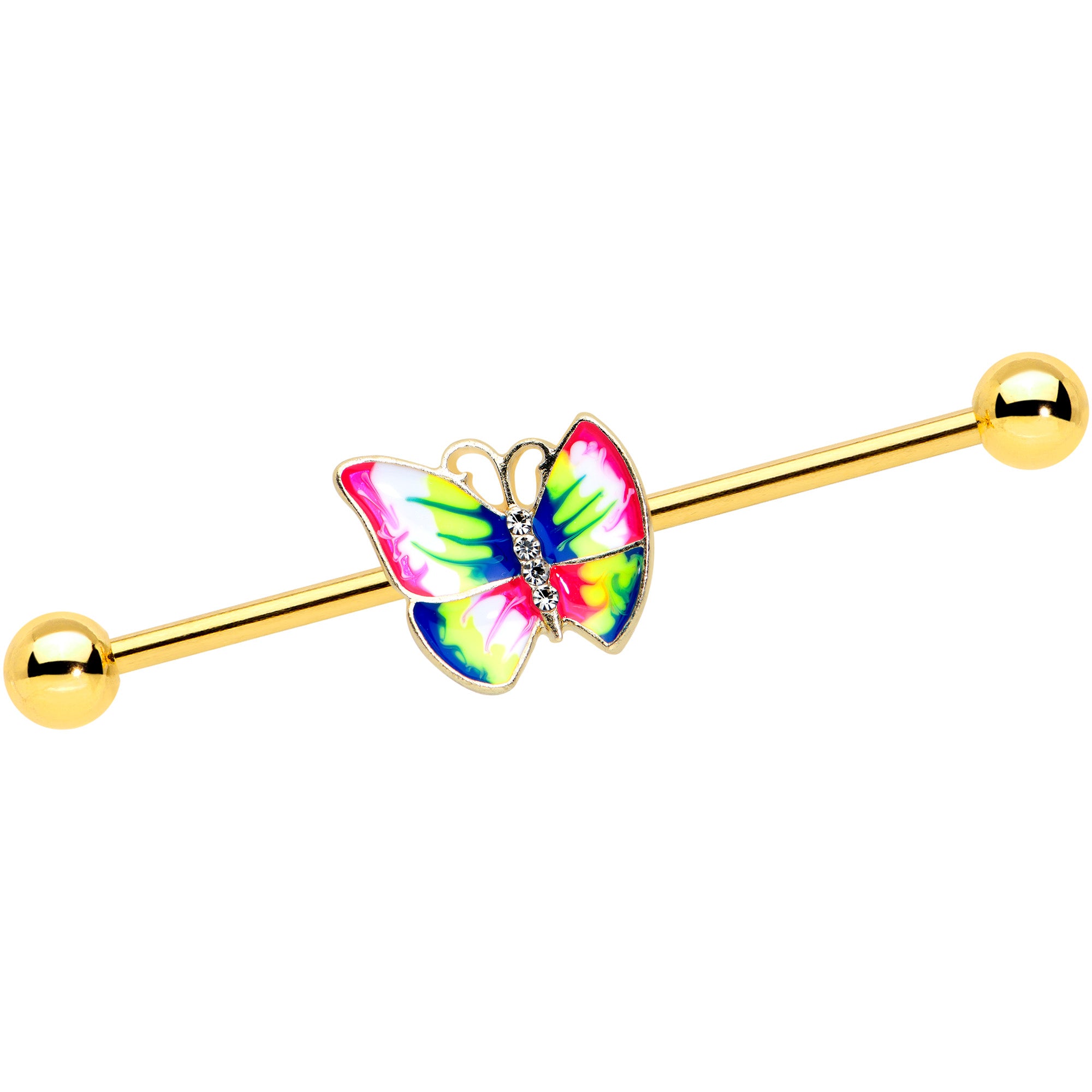 14G Clear Gem Gold Tone Bright Butterfly Industrial Barbell 38mm