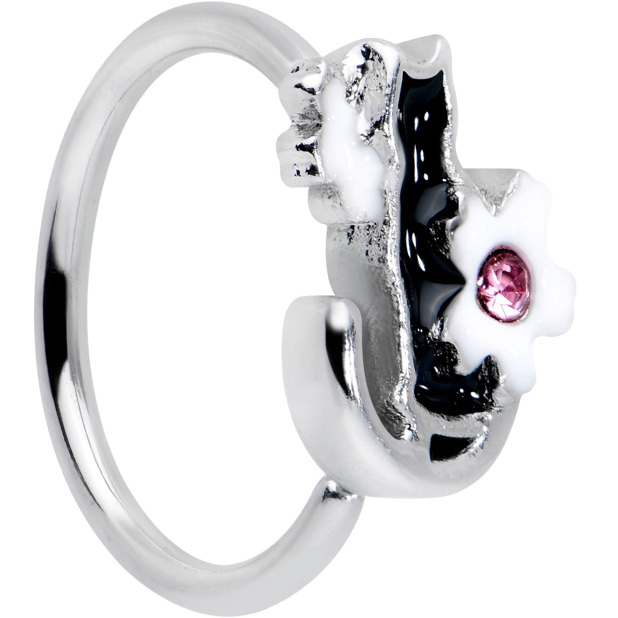 20G 5/16 Pink Gem Black Cat White Flowers Nose Hoop