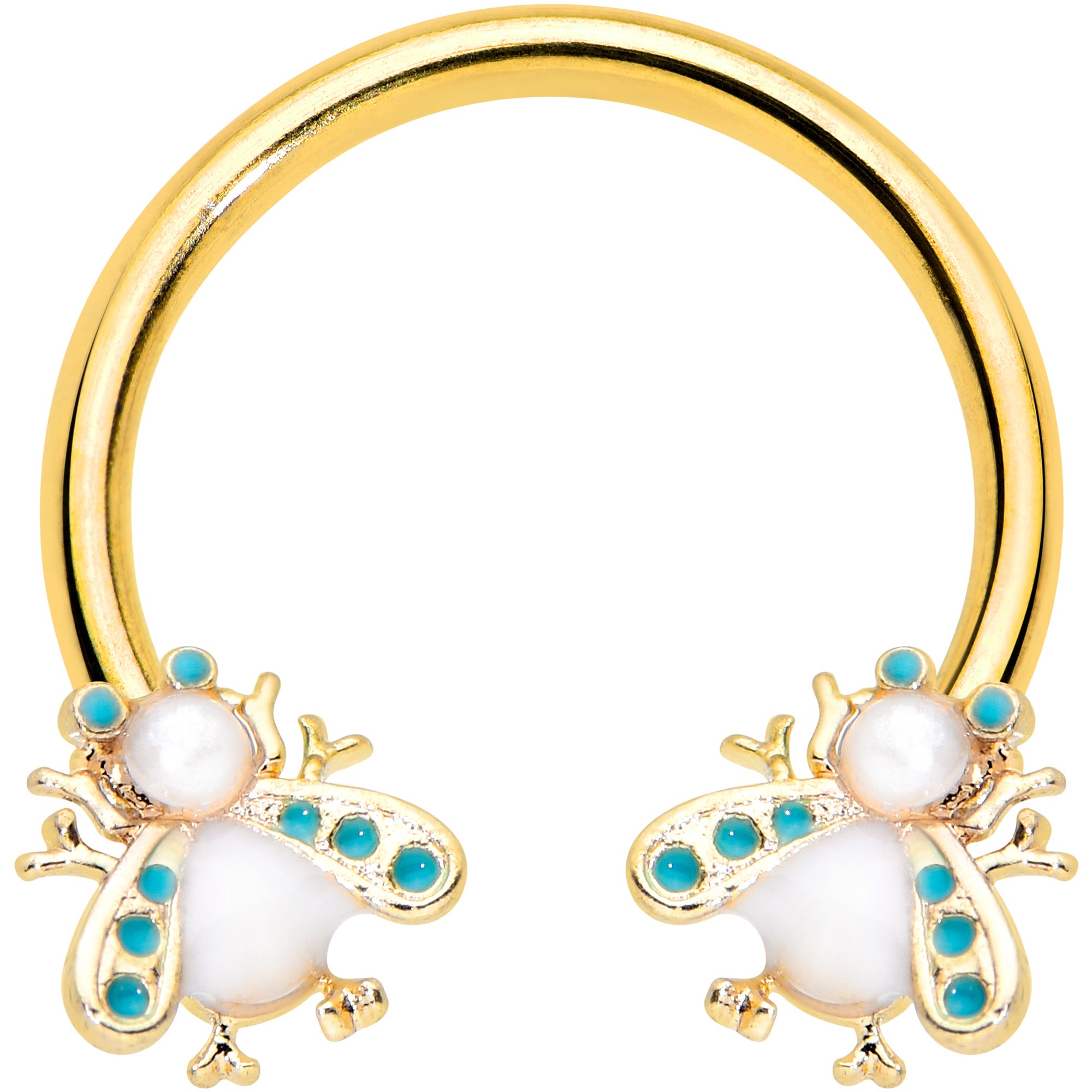 16G 3/8 White Gem Gold Tone Snow Bug Horseshoe Curved Barbell