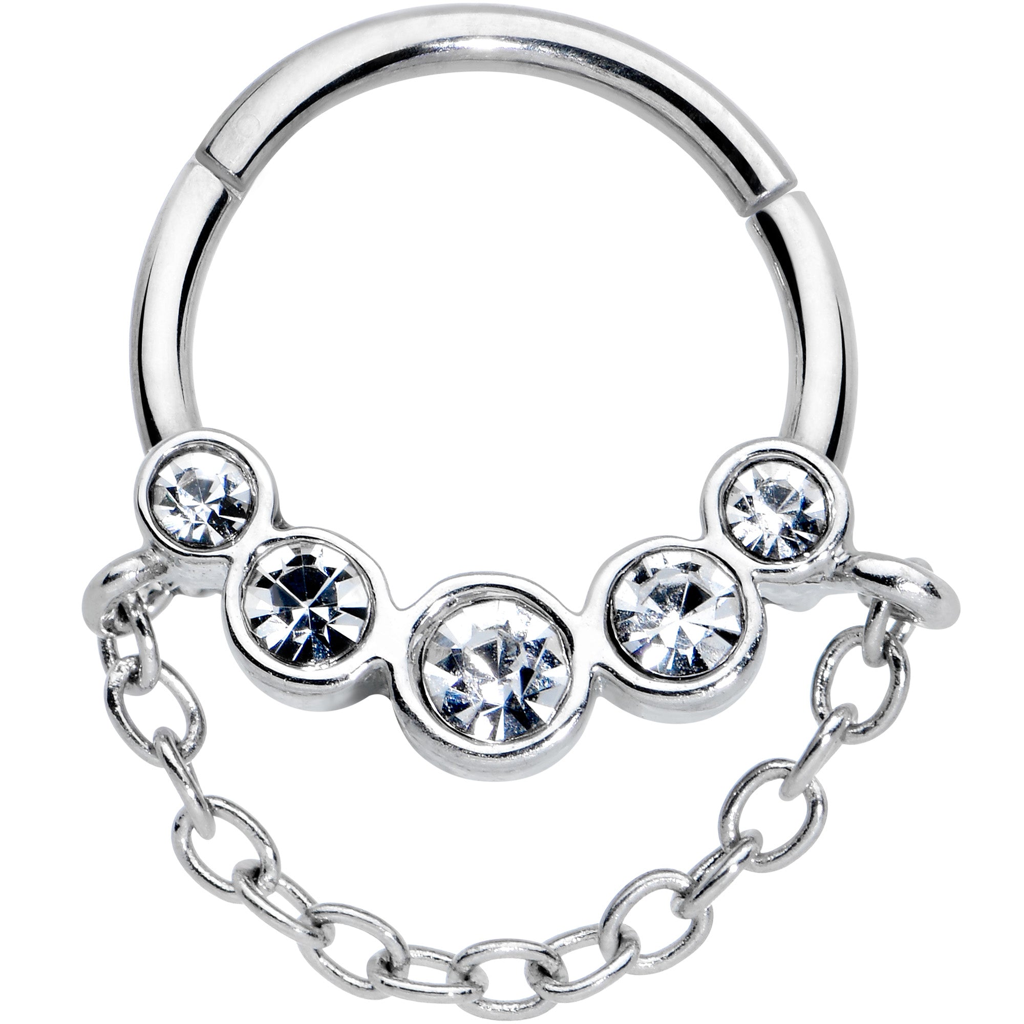 16G 3/8 Clear Gem Trio Chain Dangle Hinged Segment Ring