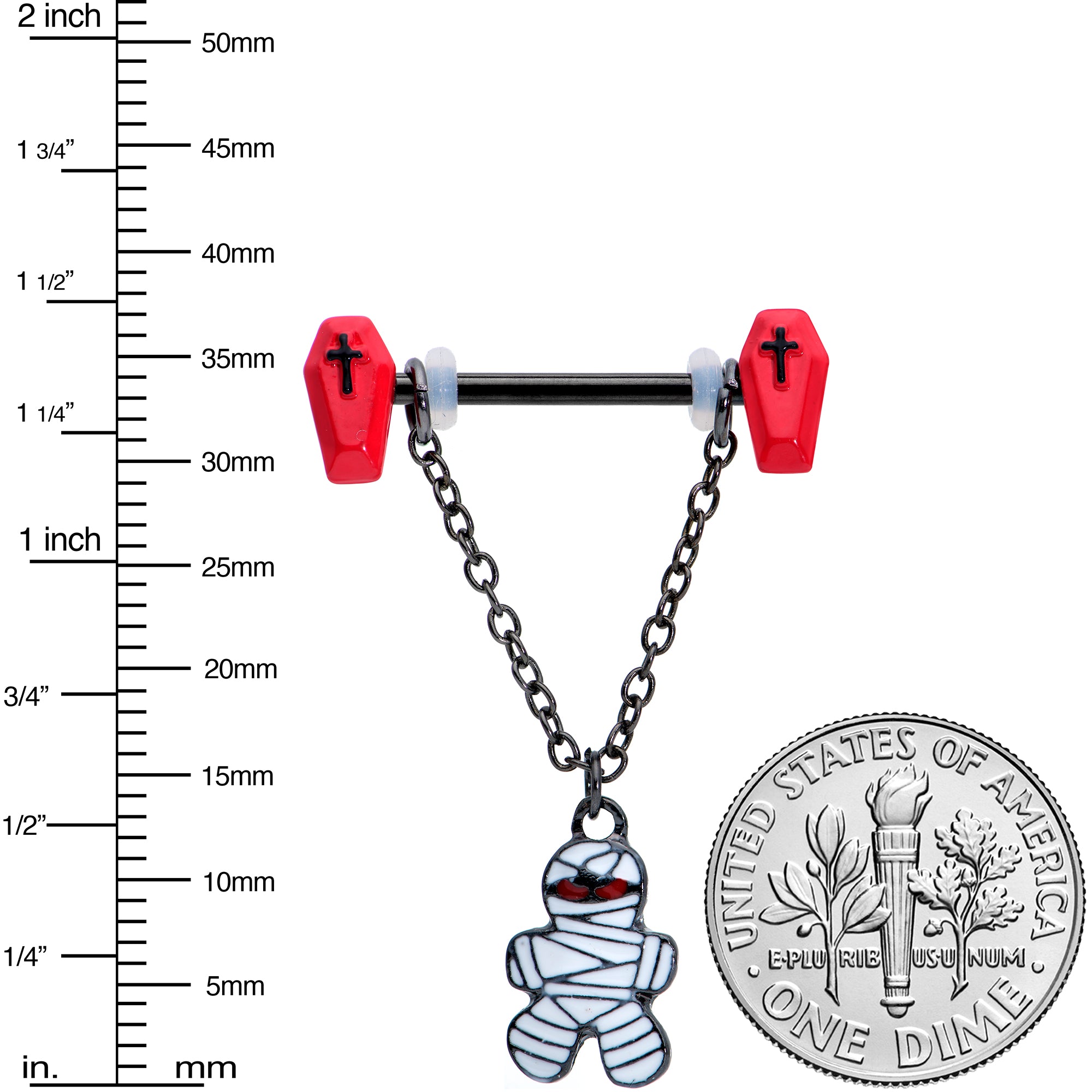 14G 9/16 Mummy Red Coffin Halloween Chain Dangle Nipple Ring Set