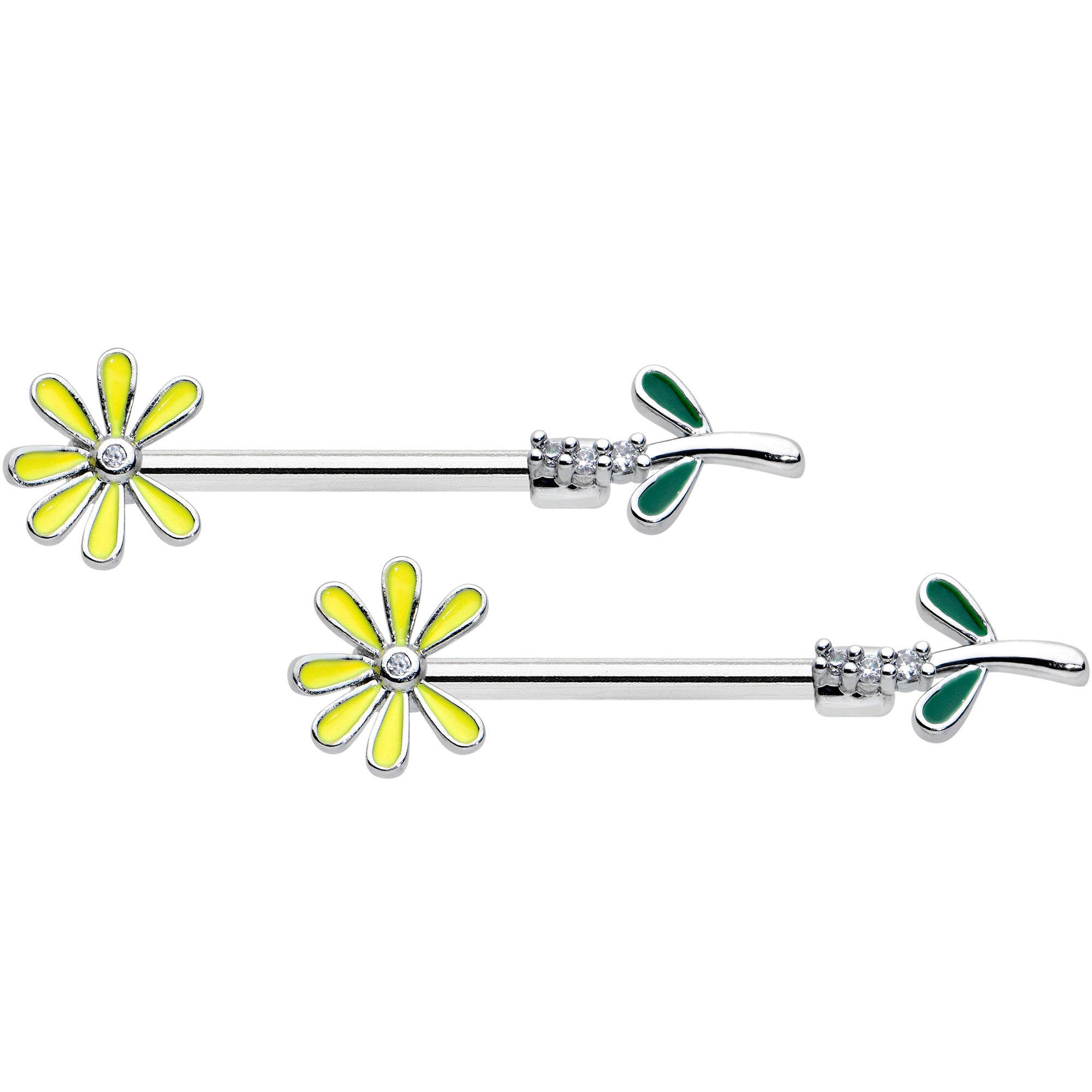 14G 9/16 Clear CZ Gem Whimsy Daisy Flower Barbell Nipple Ring Set