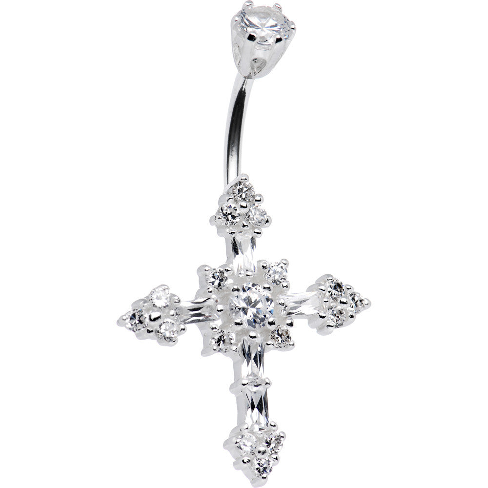 Sterling Silver 925 Crystalline Cubic Zirconia CROSS Belly Ring