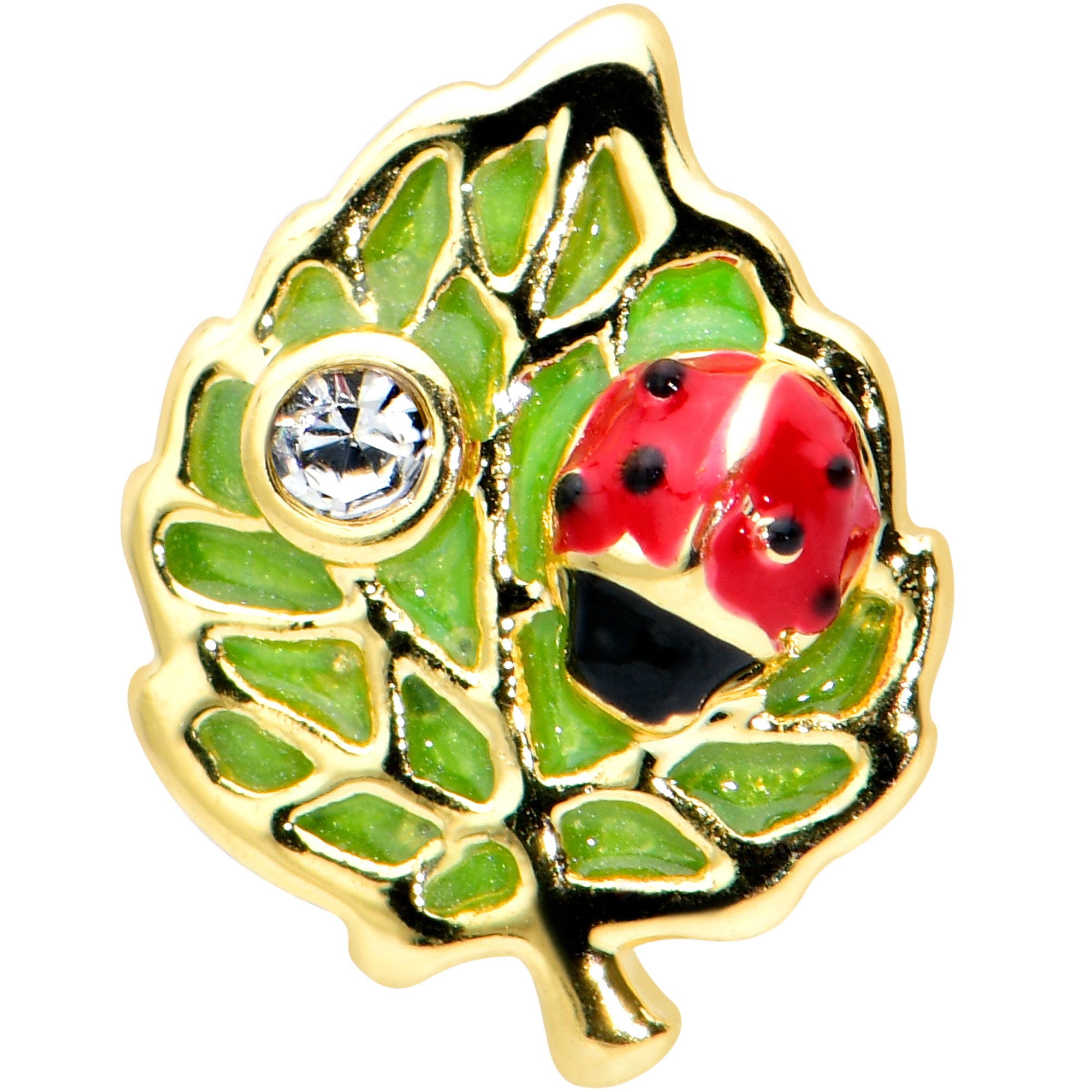 16G 5/16 Clear Gem Gold Tone Leafy Ladybug Labret Monroe Tragus