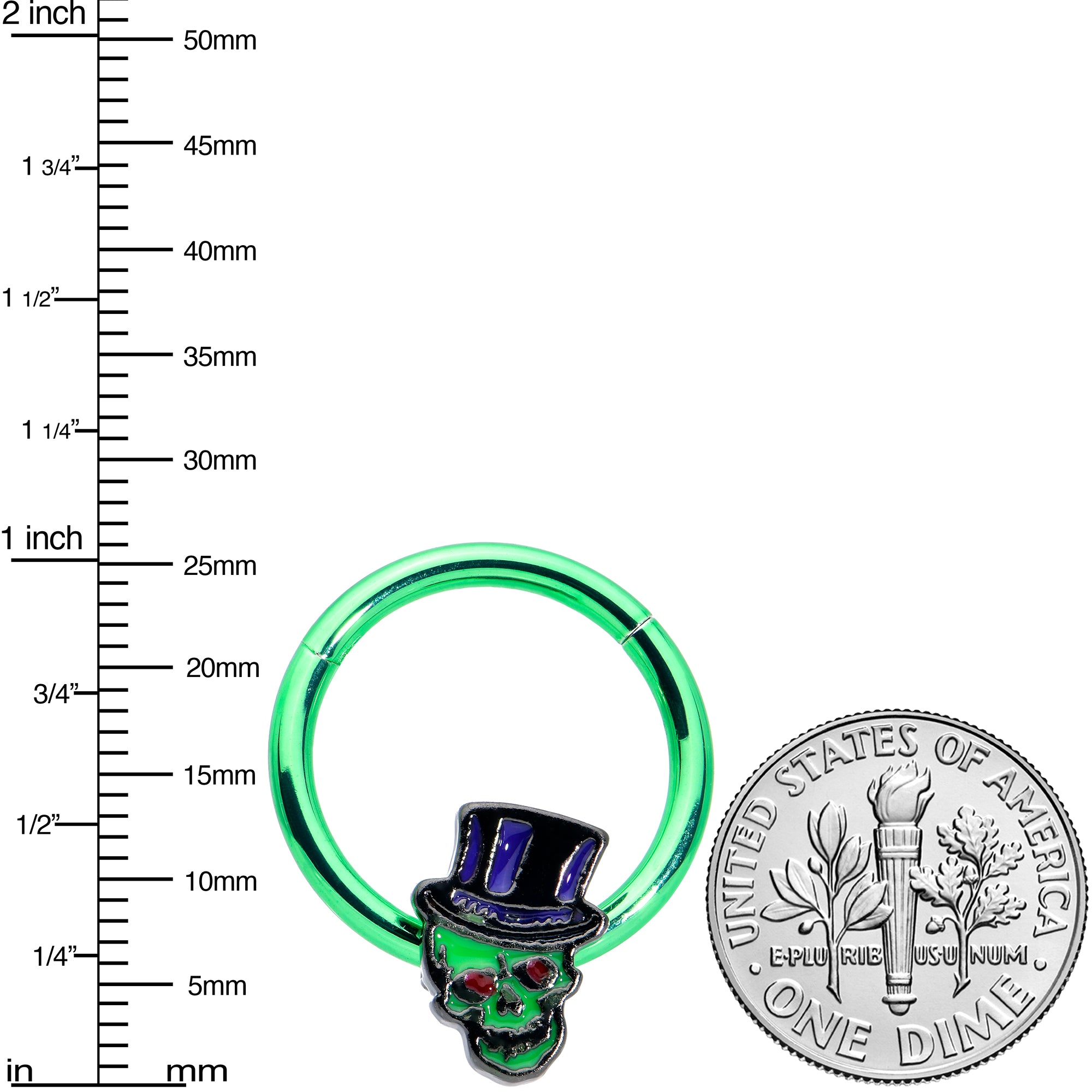 16G 3/8 Green Top Hat Skull Halloween Hinged Segment Ring