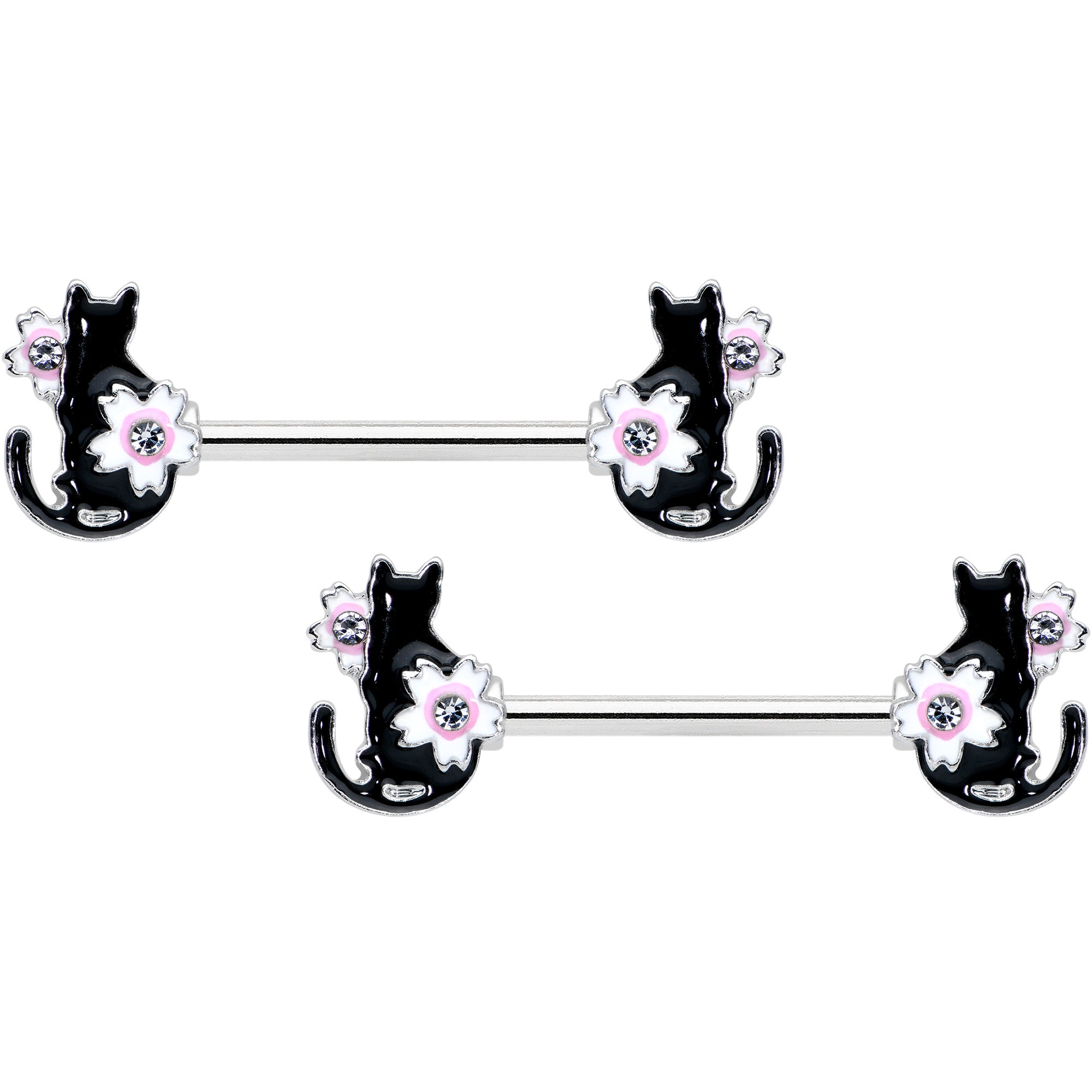 14G 9/16 Clear Gem Flowers Black Cat Barbell Nipple Ring Set