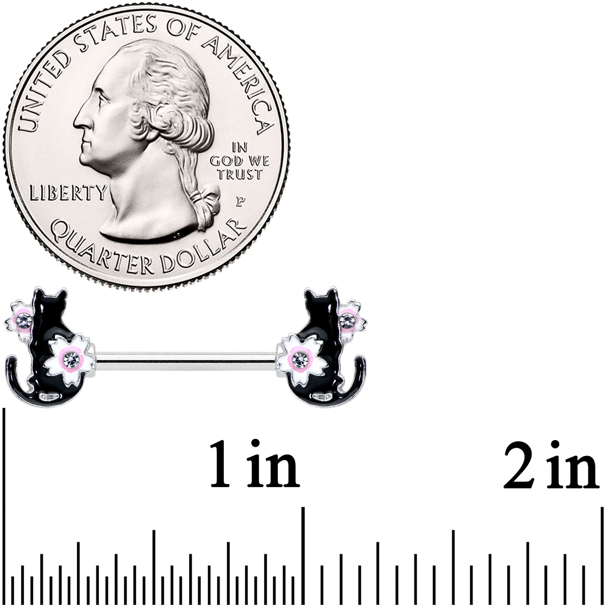 14G 9/16 Clear Gem Flowers Black Cat Barbell Nipple Ring Set