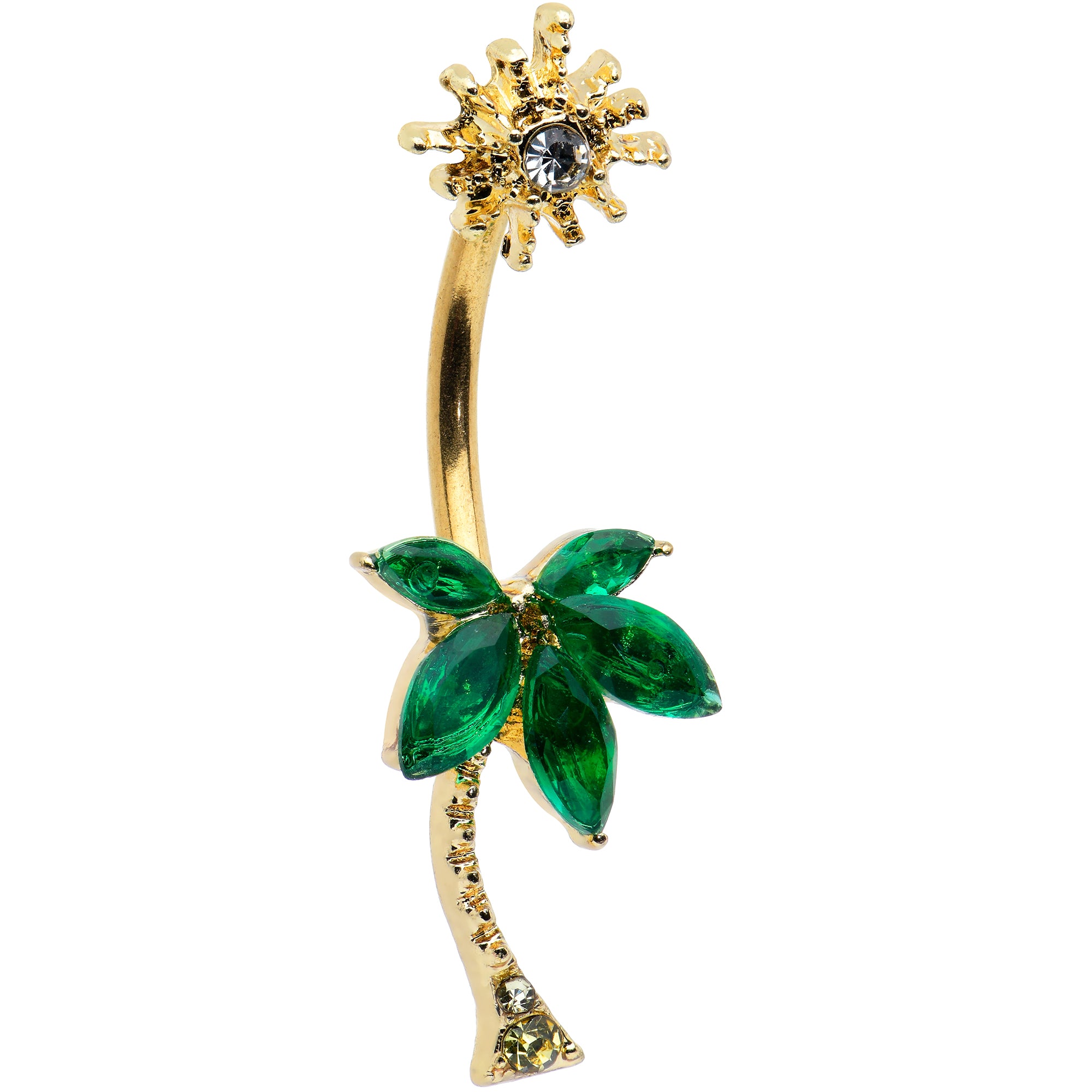 Clear Green Gem Gold Tone Sun Palm Tree Double Mount Belly Ring