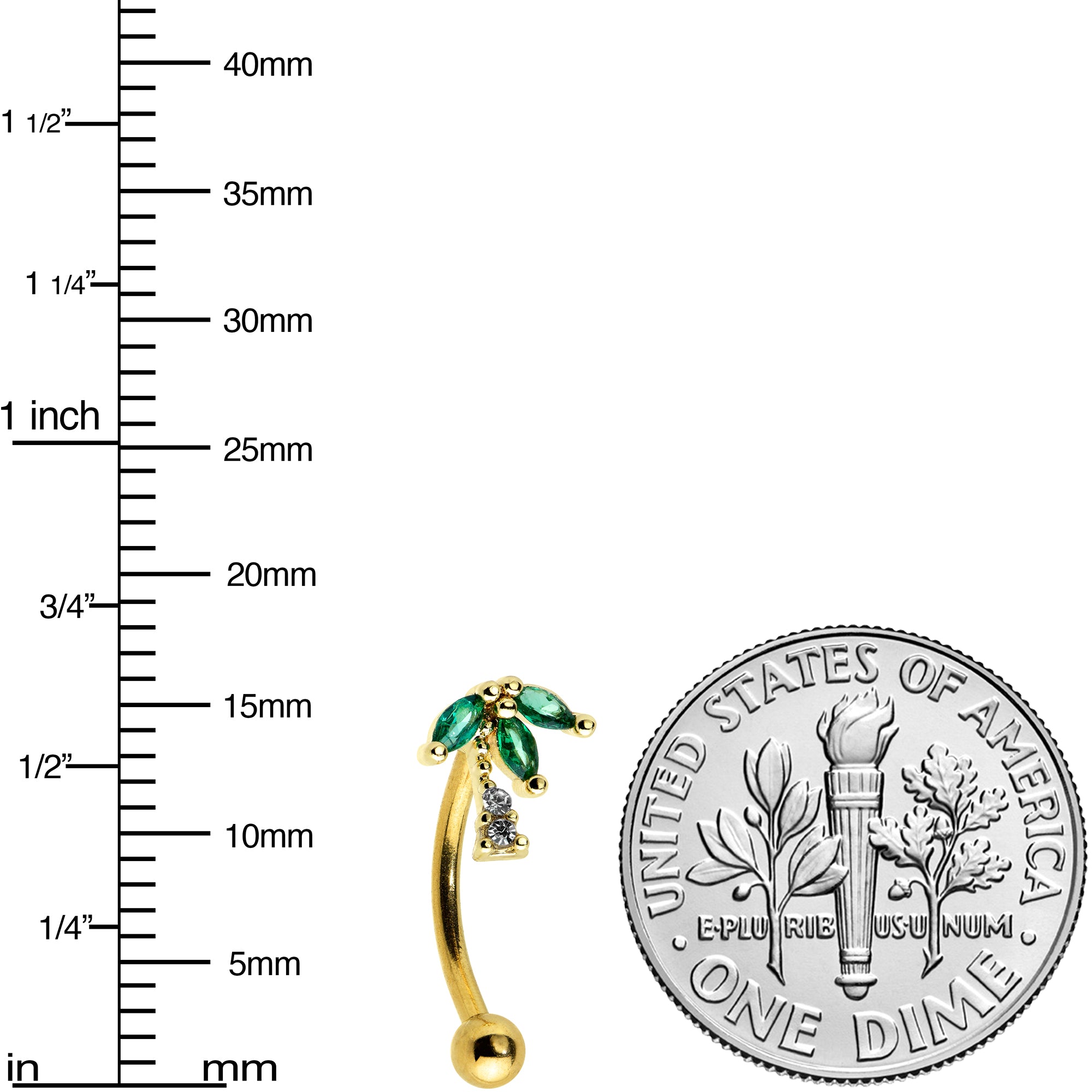 16G 5/16 Clear Green Gem Gold Tone Palm Tree Curved Eyebrow Ring