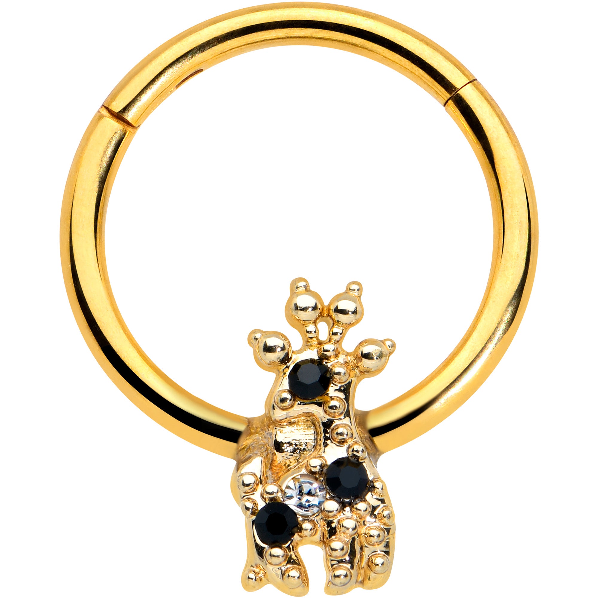 16G 3/8 Black Gem Gold Tone Decadent Deer Hinged Segment Ring