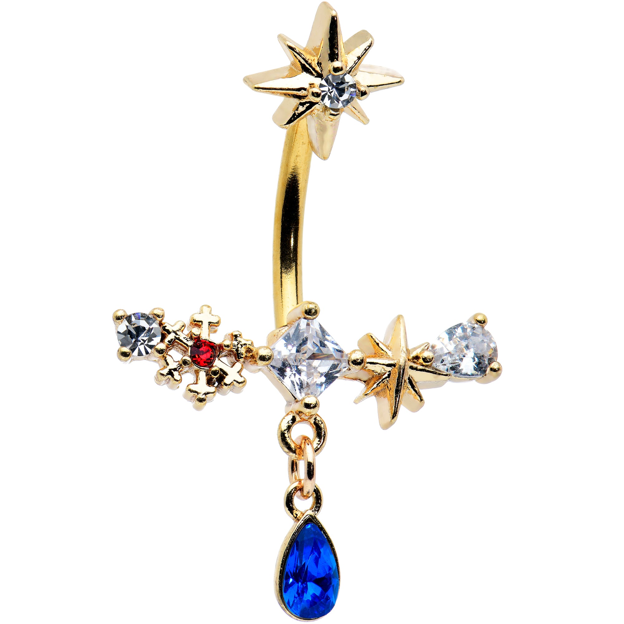 Blue Gem Gold Tone Snowflake Star Christmas Drop Dangle Belly Ring
